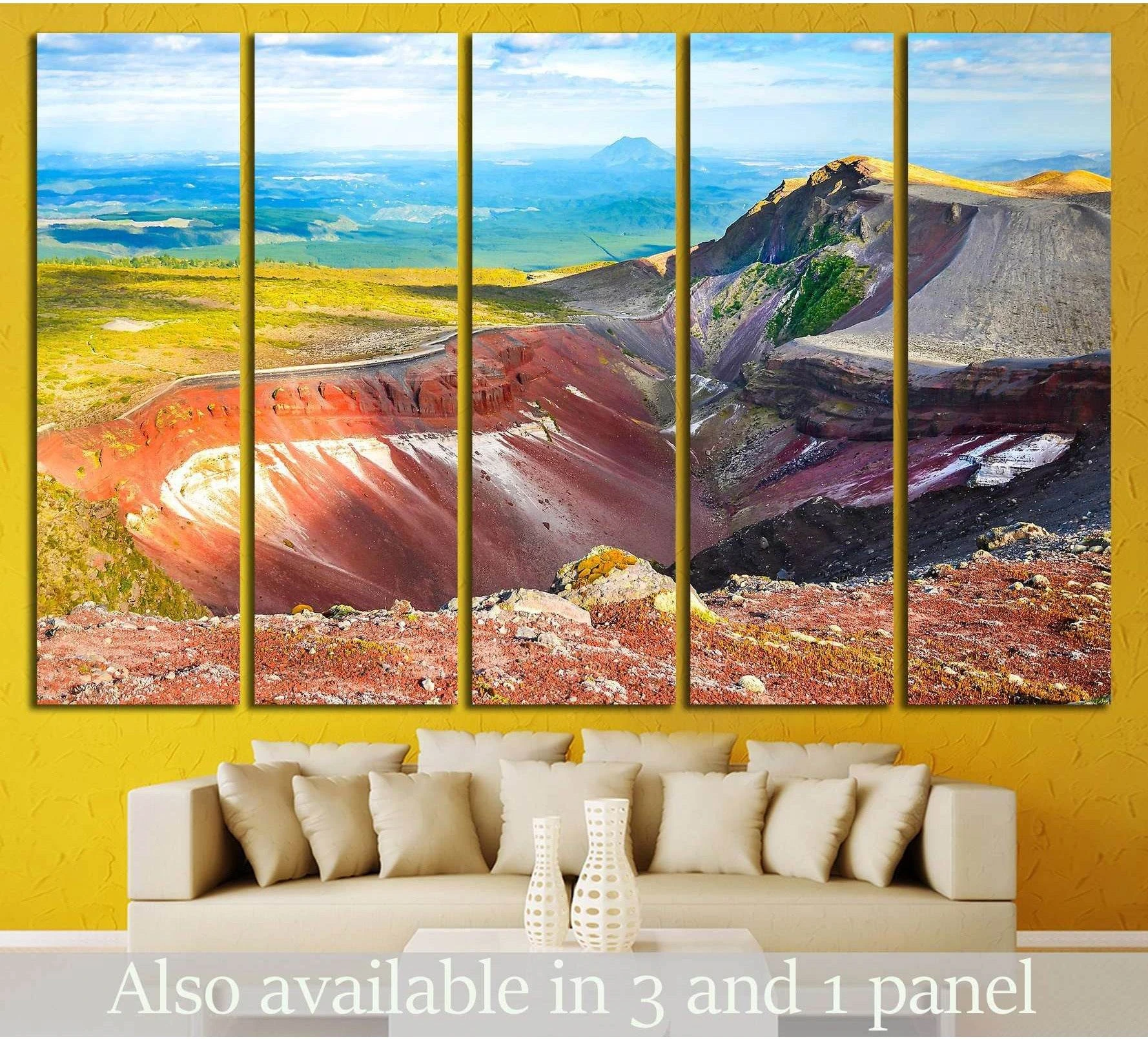 Mount Tarawera crater canvas print in a 5-panel layout above a sofa in a modern living room