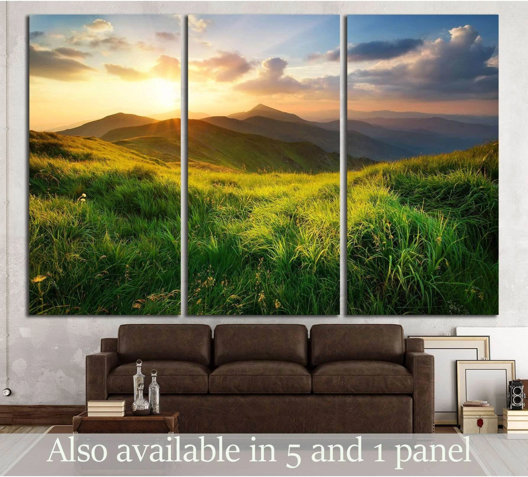 Mountain valley sunrise canvas print triptych above sofa in modern living room