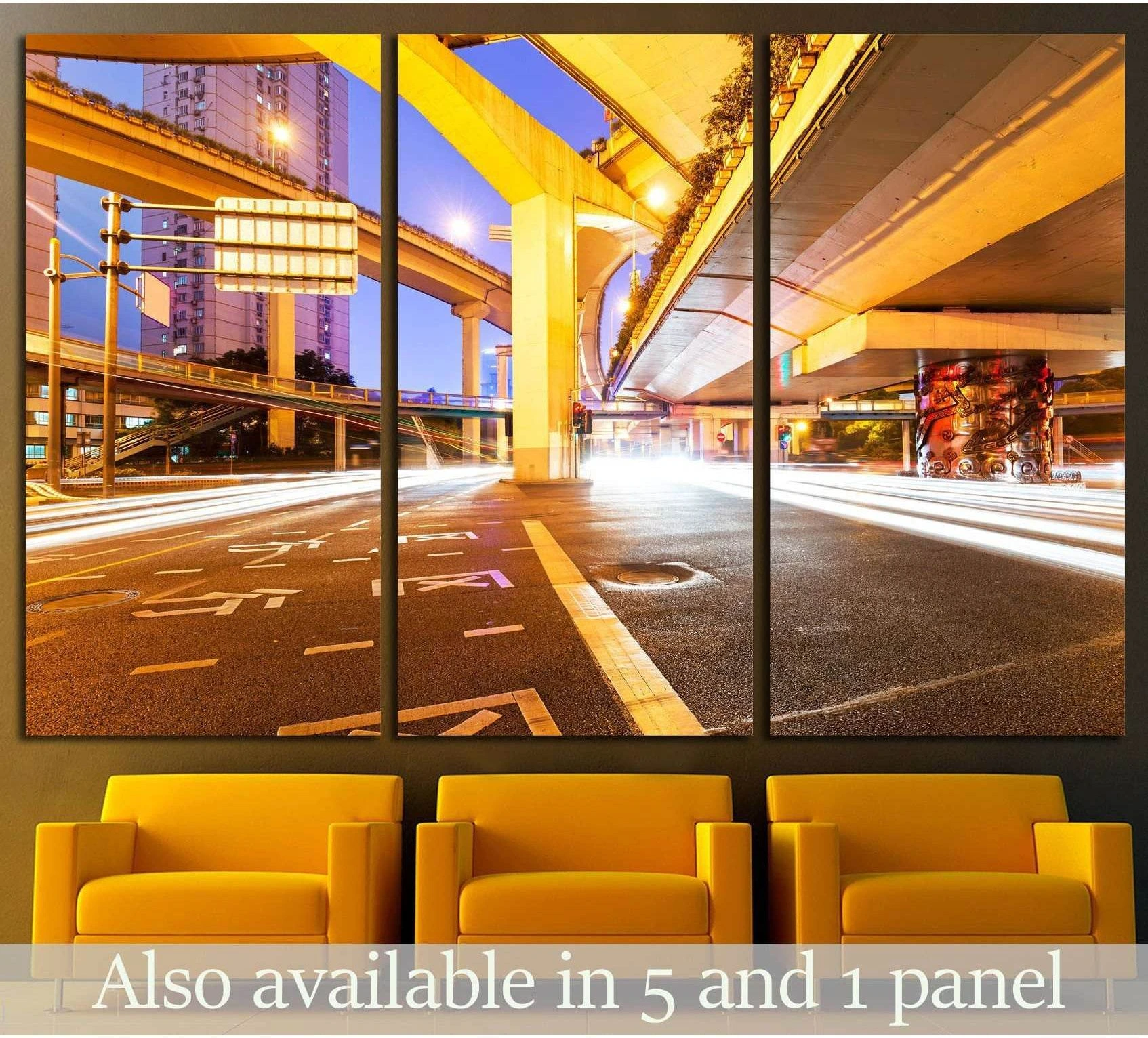 City light trails triptych canvas print with glowing overpasses above yellow chairs