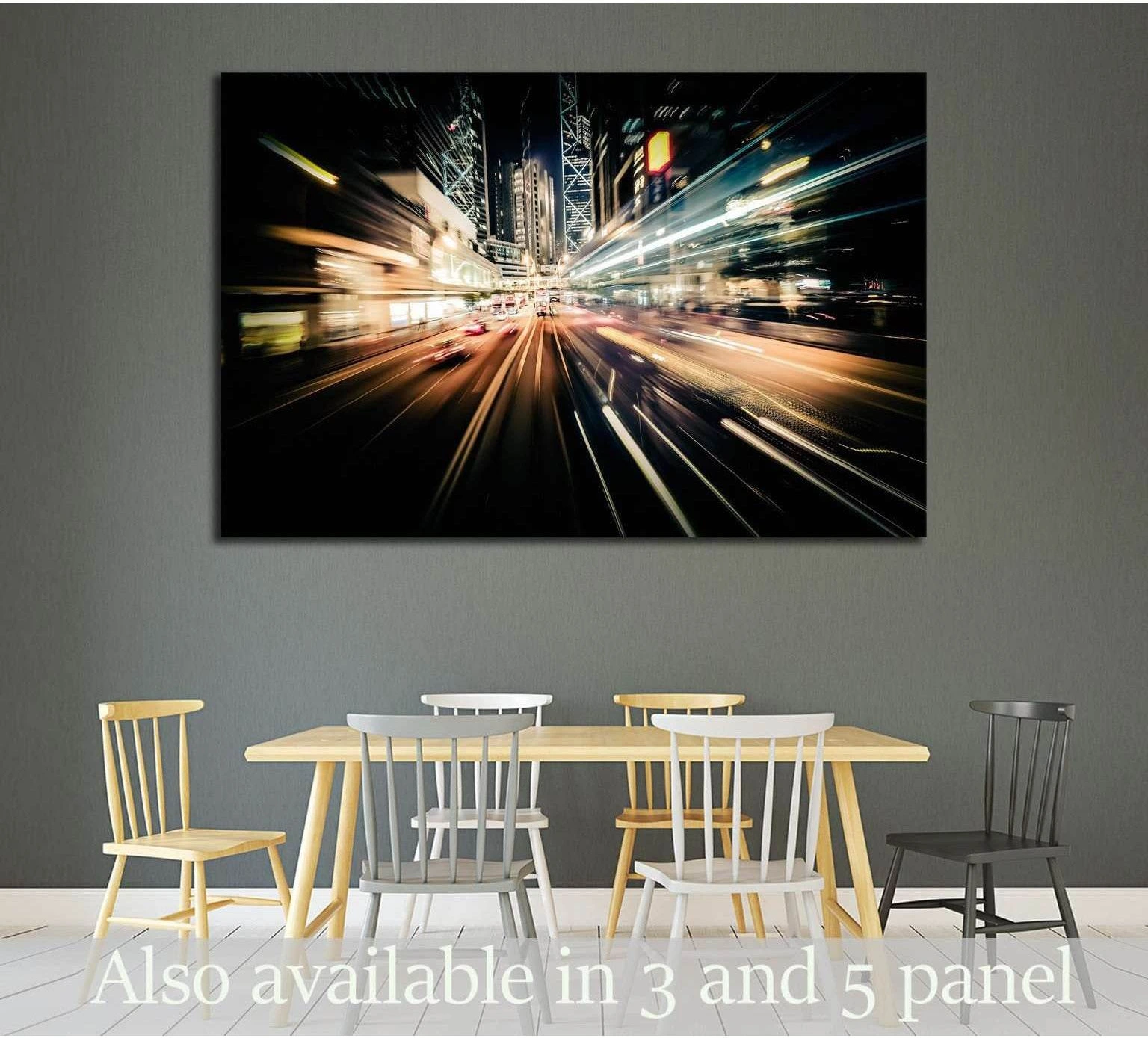Hong Kong street canvas print with rushing light trails above a dining table in a modern room