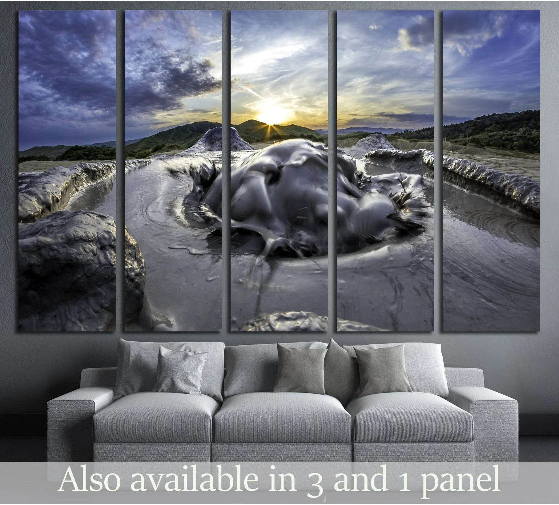 Mud volcano canvas print with bubbling gray geothermal earth at sunrise, displayed above a sofa