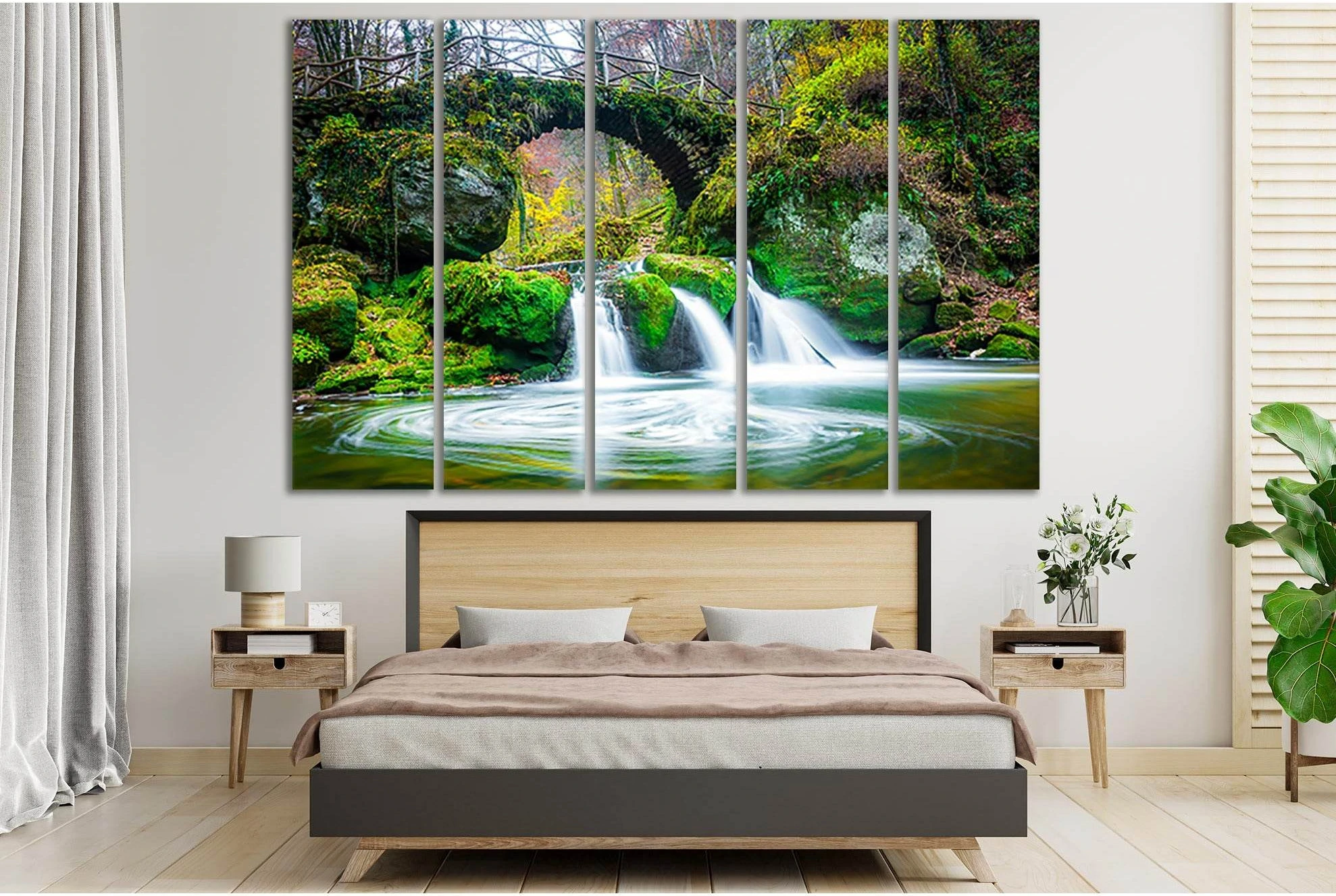 Forest Waterfall Canvas Print with Vivid Greens and White Mist chosen as soft waterfall posters for soft mist and bedroom-friendly contrast.