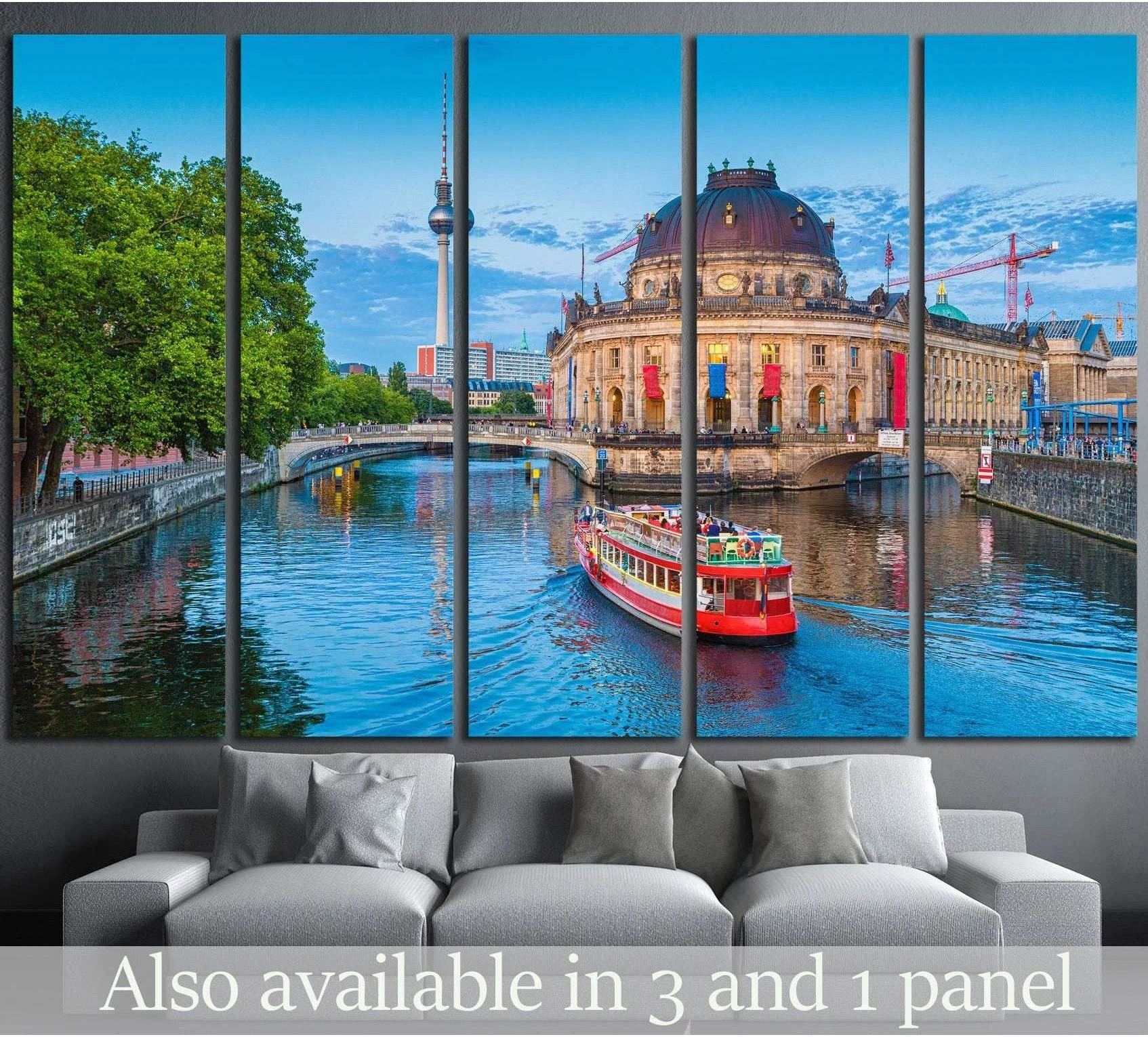 Berlin Museum Island canvas print with Bode Museum, Spree River, and TV Tower above a gray sofa