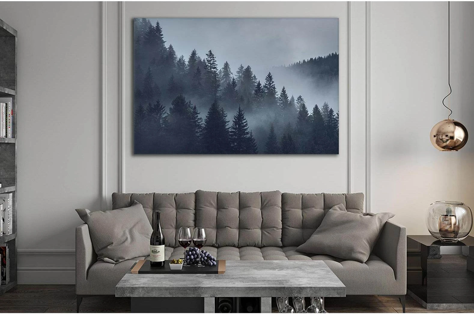 Blue-Grey Misty Forest Canvas Print Wall Art chosen as grey-blue bedroom landscapes for soft mist and bedroom-friendly contrast.