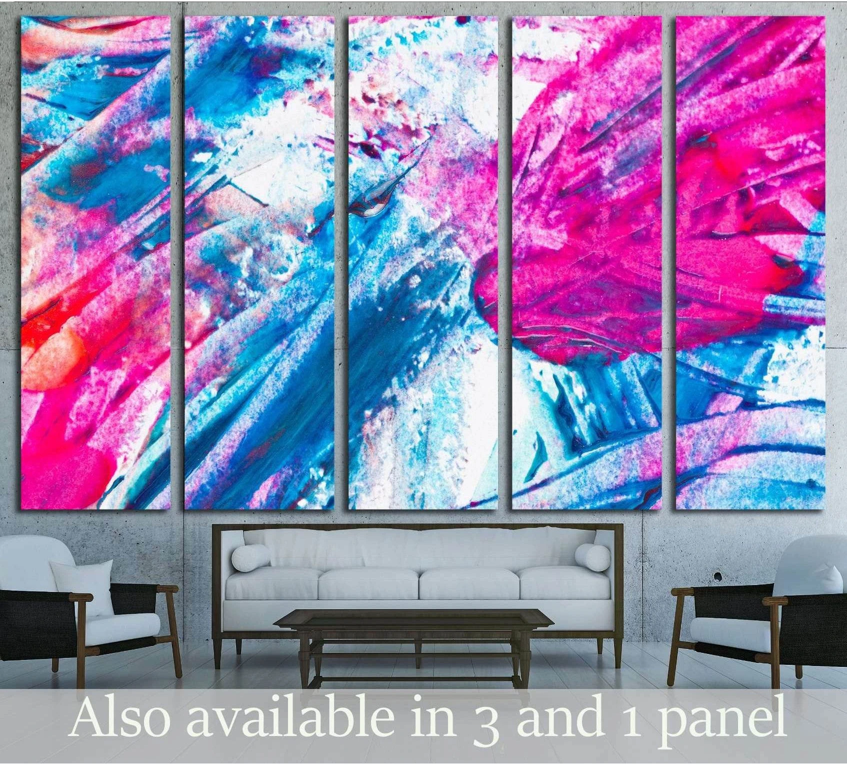Five-panel pink and blue abstract splashes canvas print above sofa in a modern living room
