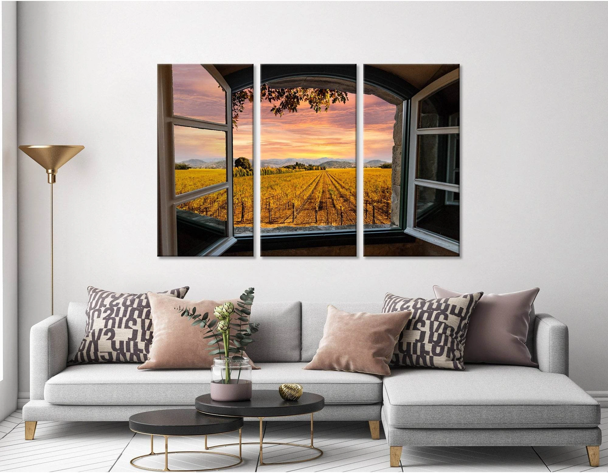 Napa Valley Vineyards In Autumn Colors, Sunrise Sky View Through A Window №04213 Ready to Hang Canvas Print - Zellart Canvas Prints ALL_Products