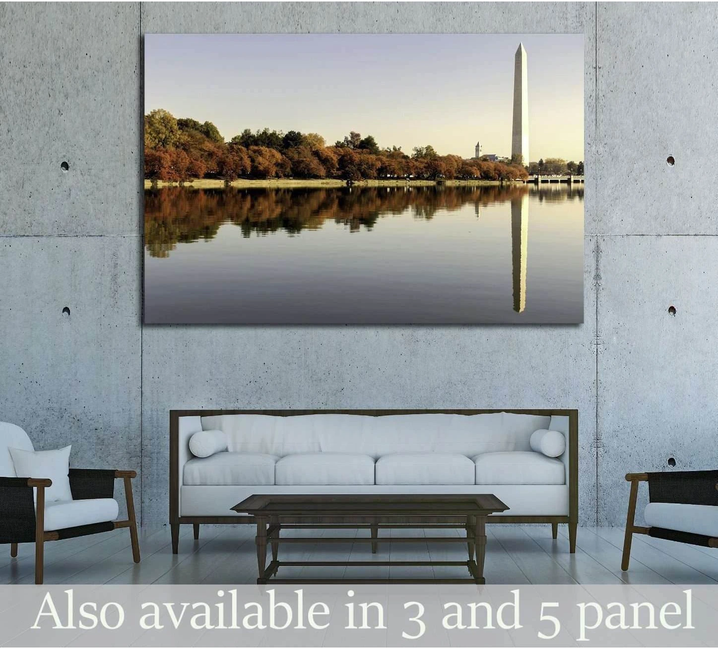 Washington Monument canvas print with autumn trees and reflection above sofa in modern living room