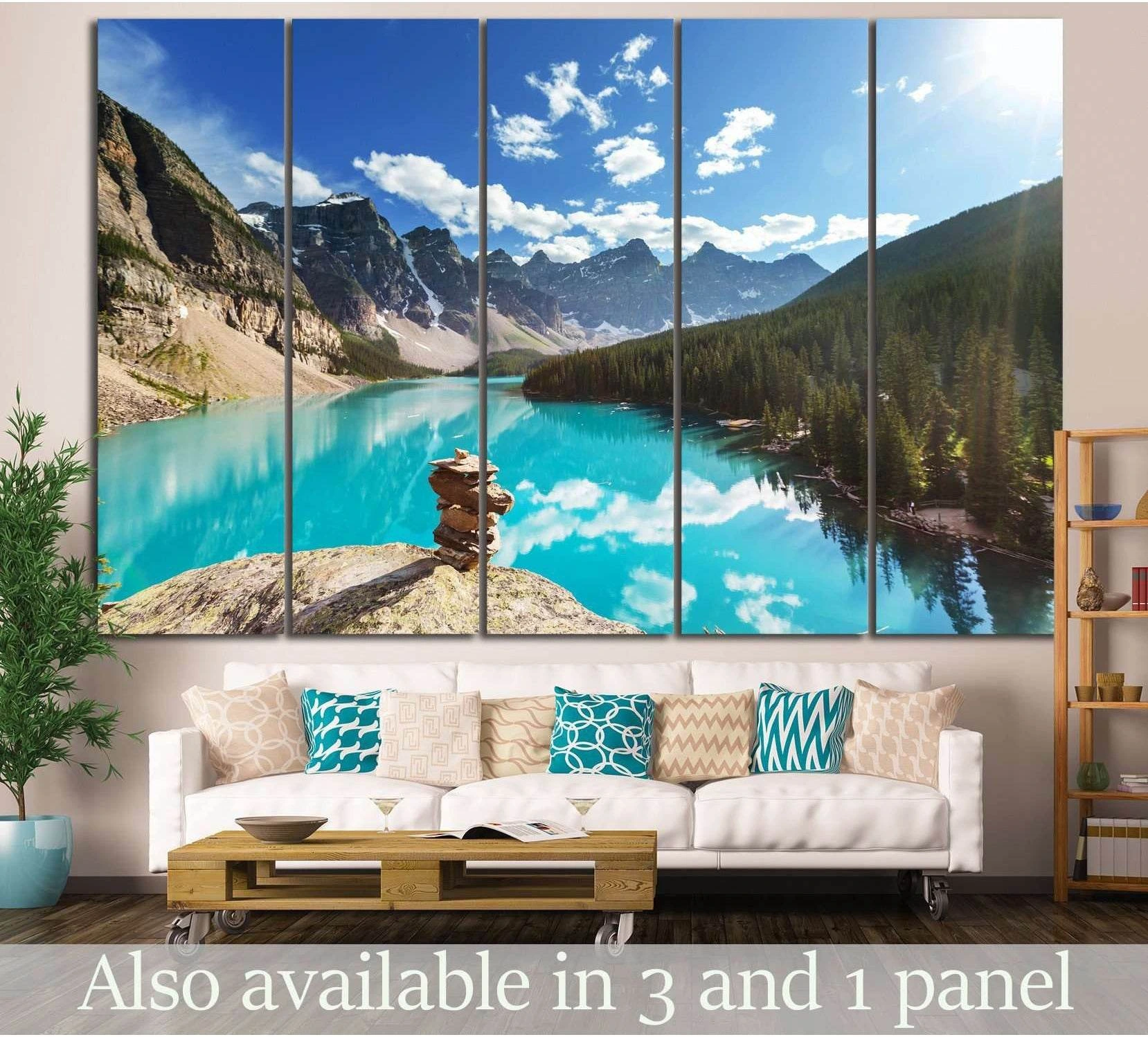 Turquoise Canadian Rockies lake canvas print above sofa in a modern living room