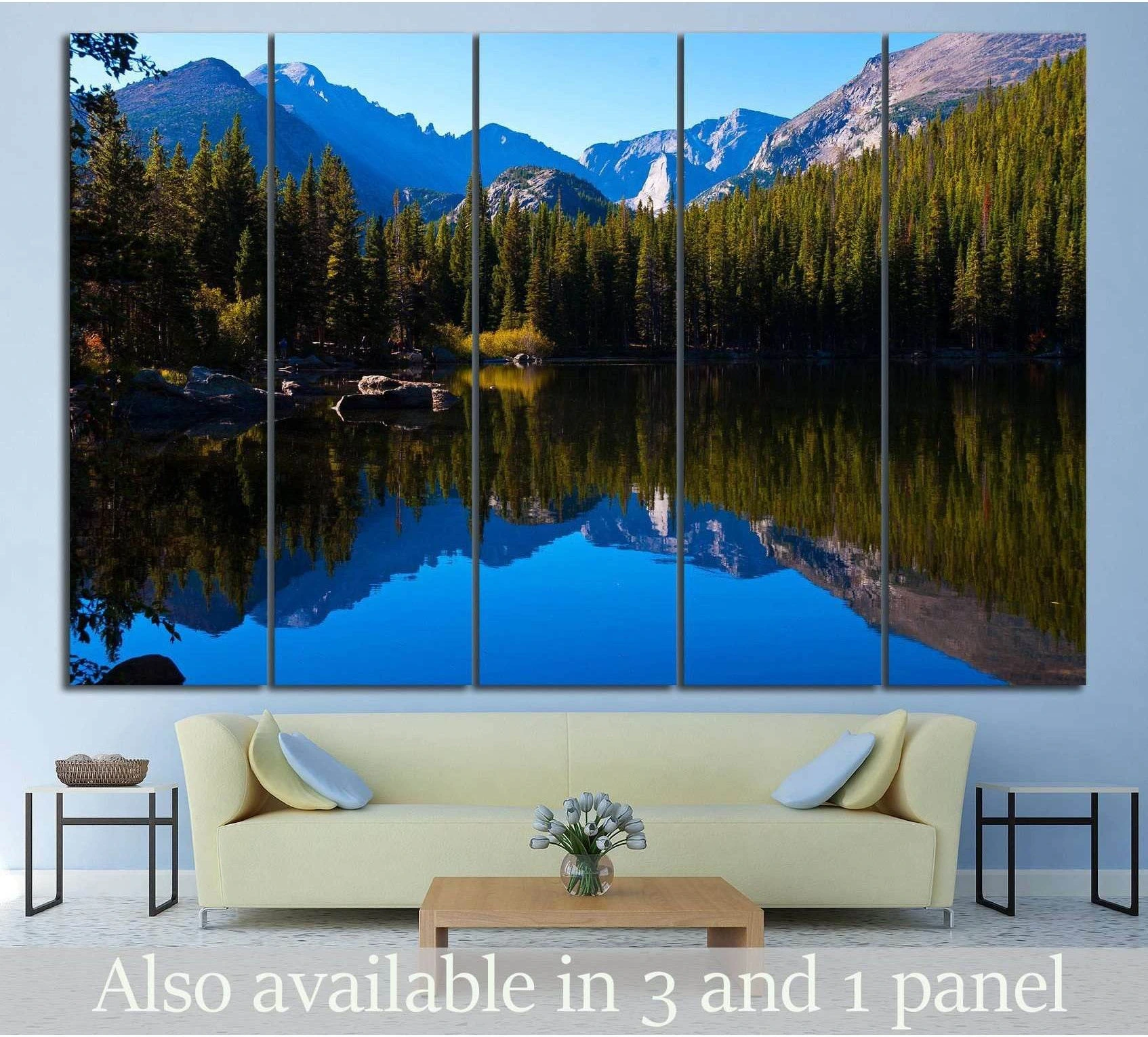 Colorado mountain lake canvas print above sofa with pine forest reflection and Rocky Mountain peaks
