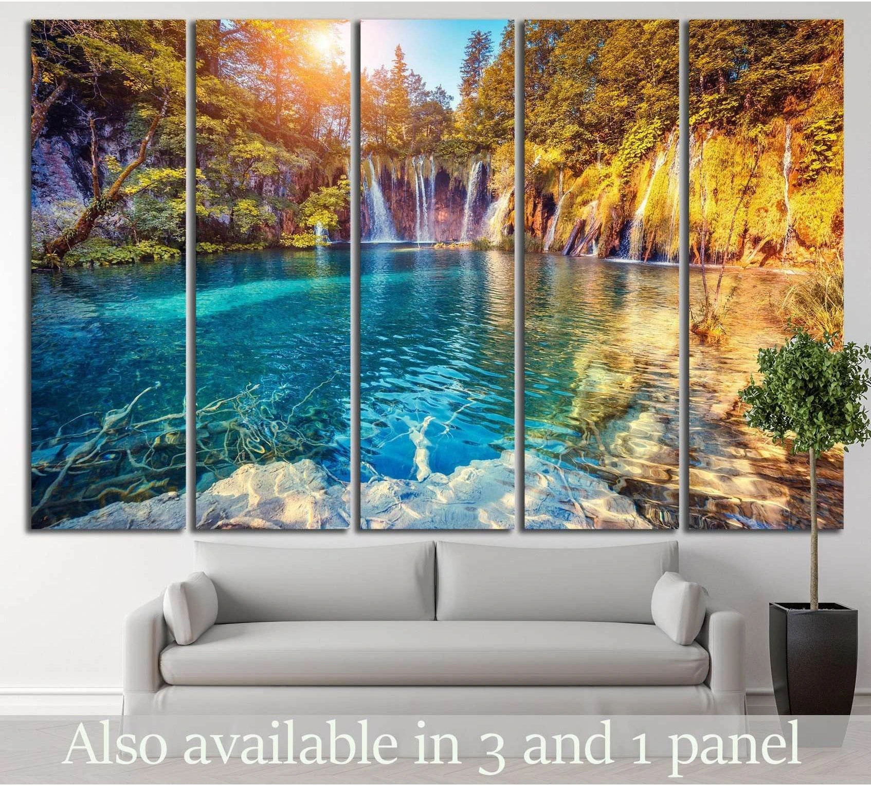 Plitvice Lakes waterfall canvas print above sofa with turquoise water and forest scenery