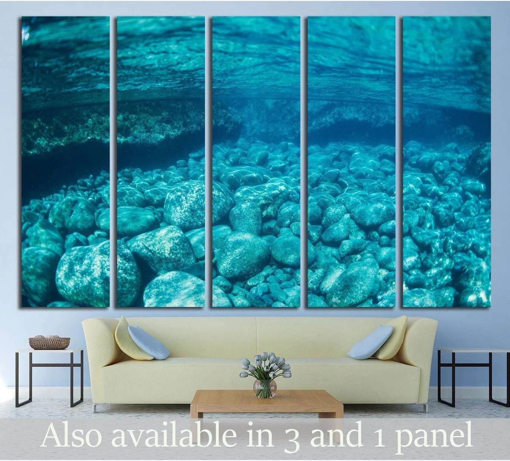 Natural Blue Water Pool, Underwater View showing blue ocean wall art with water and coastal depth.
