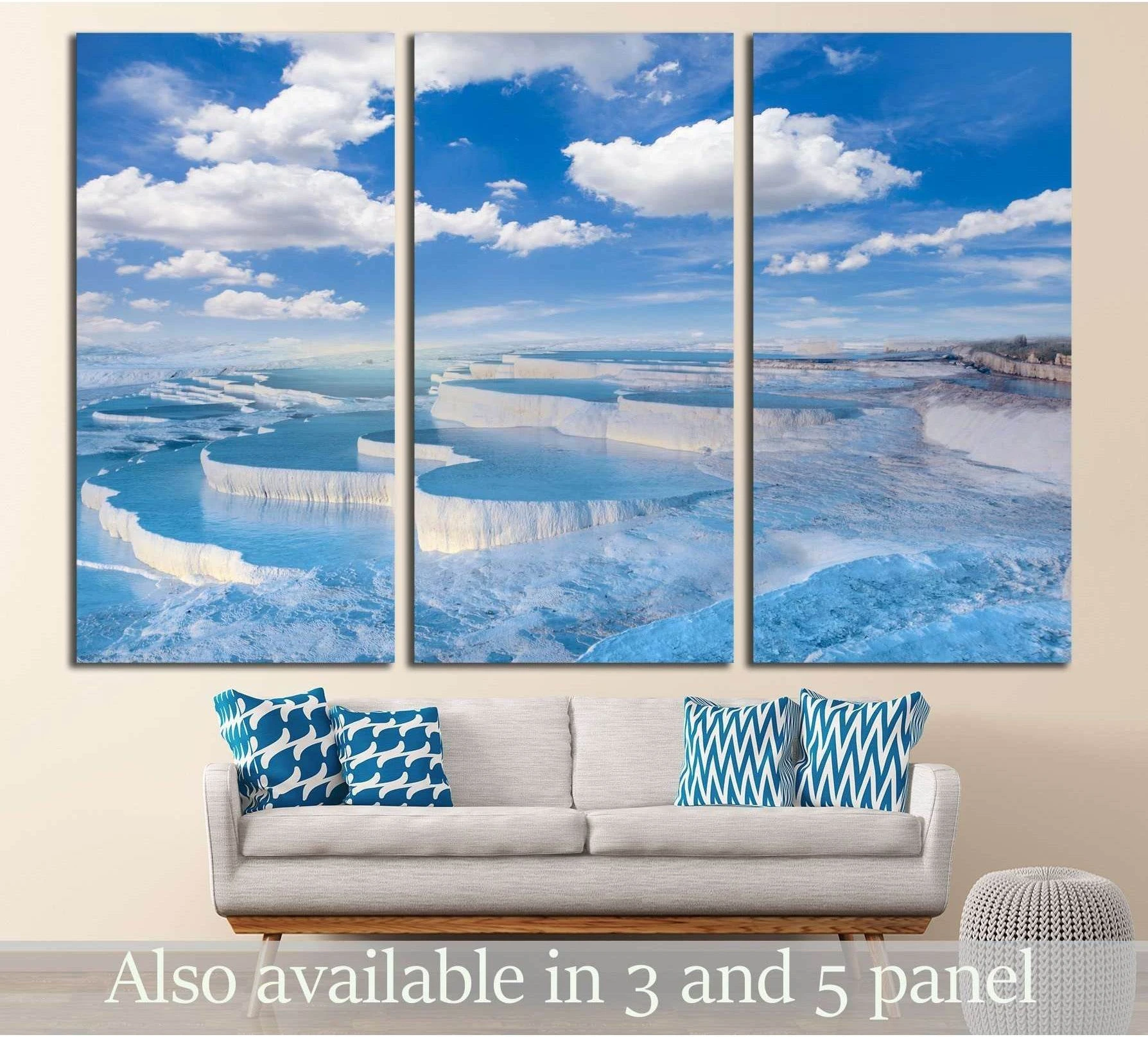 Pamukkale travertine pools triptych canvas print with white terraces and blue water above a sofa
