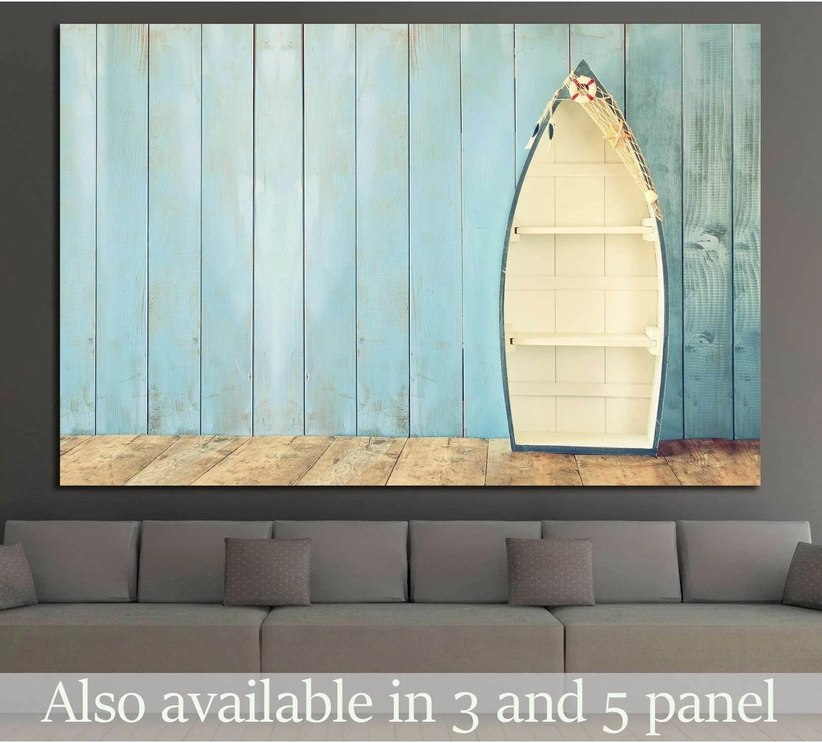 nautical boat shape shelves on wooden table showing blue ocean wall art with water and coastal depth.