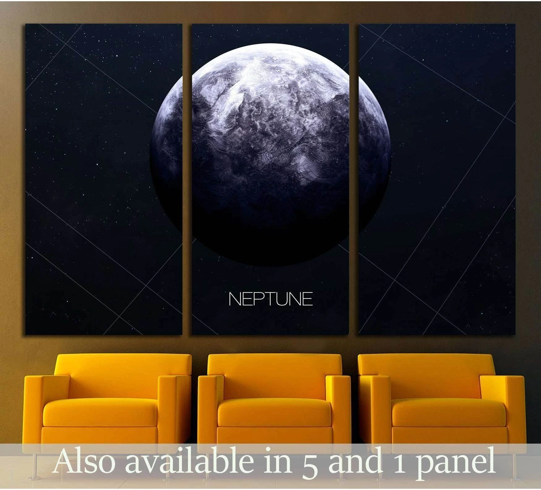 Neptune triptych canvas print with a large blue-gray planet on a dark starry background above mustard chairs