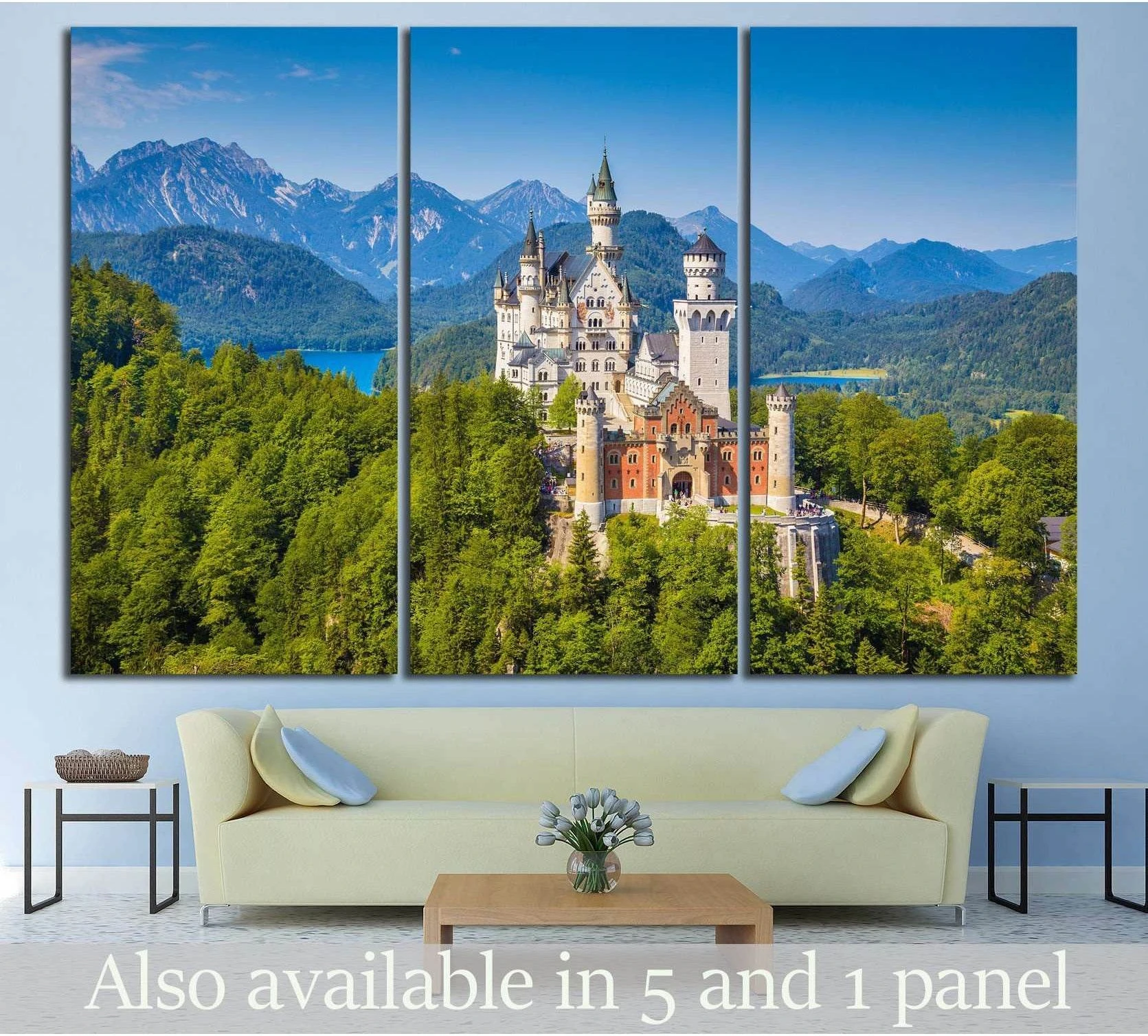 Neuschwanstein Castle triptych canvas print above sofa with Bavarian Alps and lake view