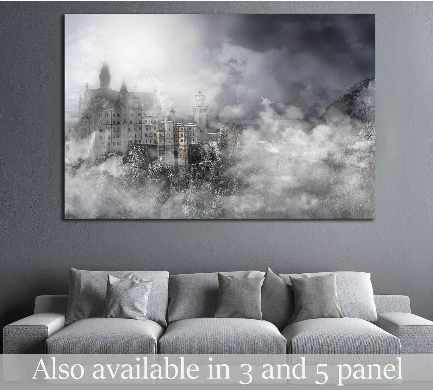 Neuschwanstein Castle canvas print rising through fog above a sofa in a modern gray living room