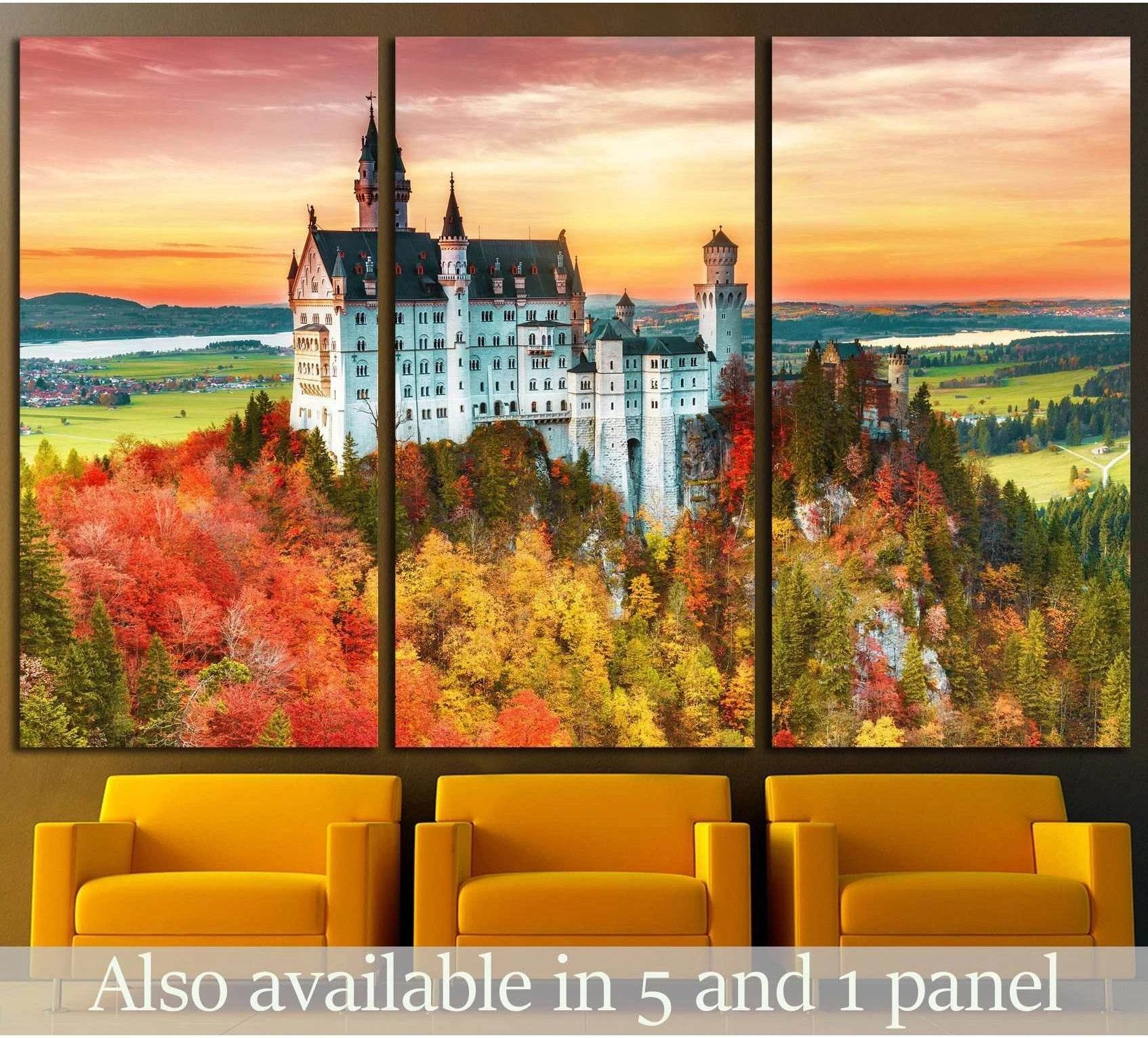 Neuschwanstein Castle canvas print with autumn forest and sunset sky, shown as triptych wall art