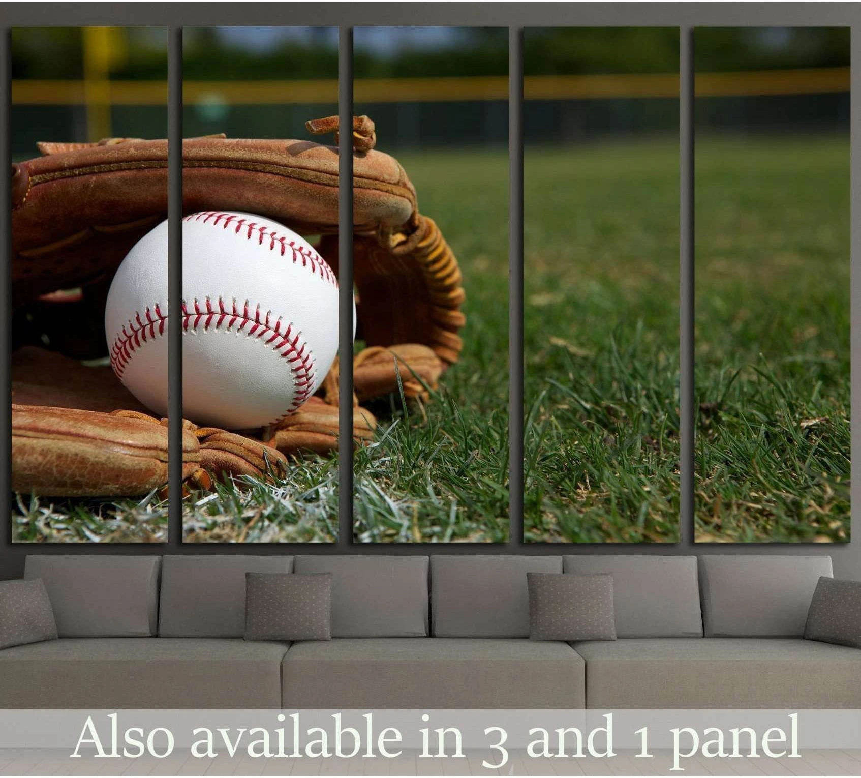 Baseball glove and ball canvas print hung above a sofa in a modern game room