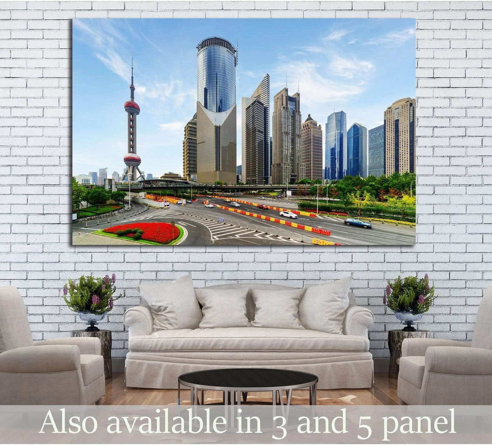 Shanghai skyline canvas print with Oriental Pearl Tower above sofa in a modern living room
