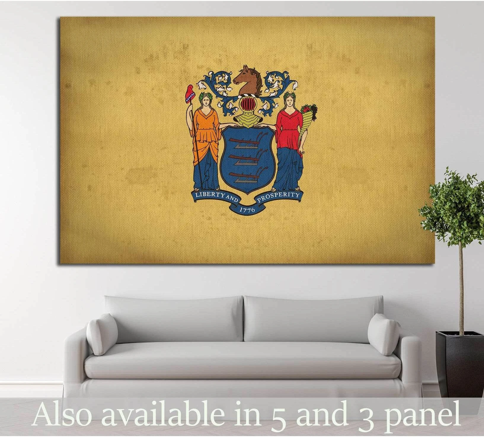 New Jersey flag canvas print with vintage state seal on aged gold, displayed above a sofa