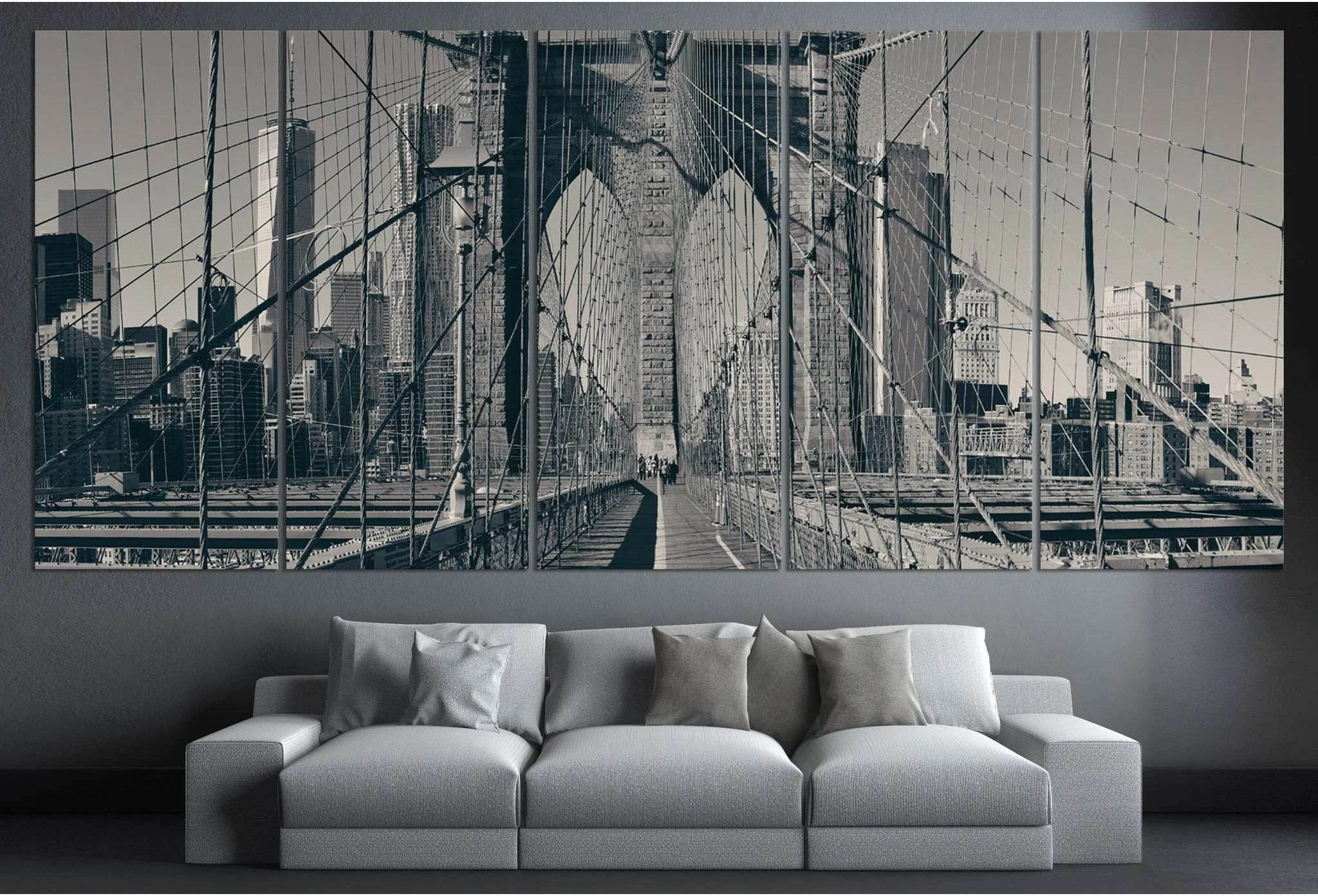 A black and white photograph of the New York City skyline and the Brooklyn Bridge, product view 3