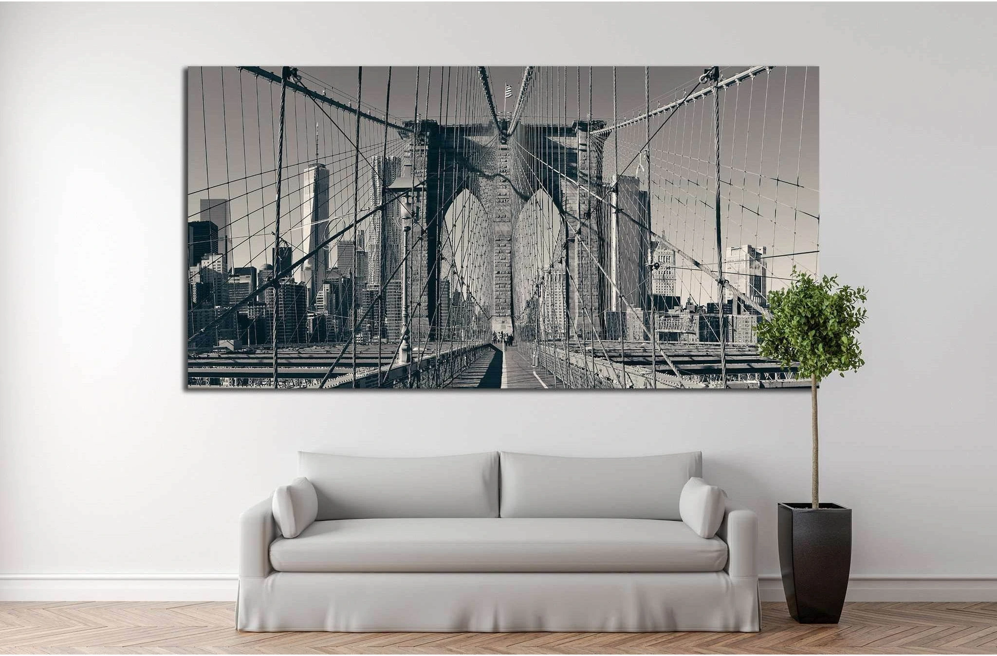 A black and white photograph of the New York City skyline and the Brooklyn Bridge, product view 2