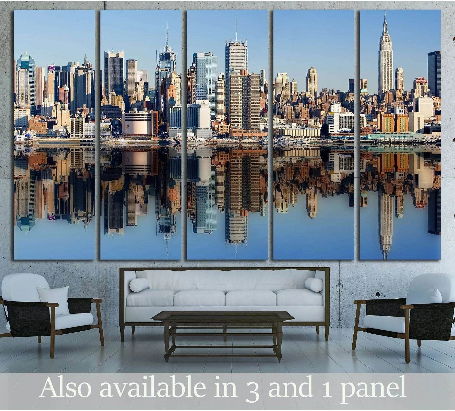 New York City skyline canvas print with Manhattan waterfront reflection hung above a sofa in a modern living room
