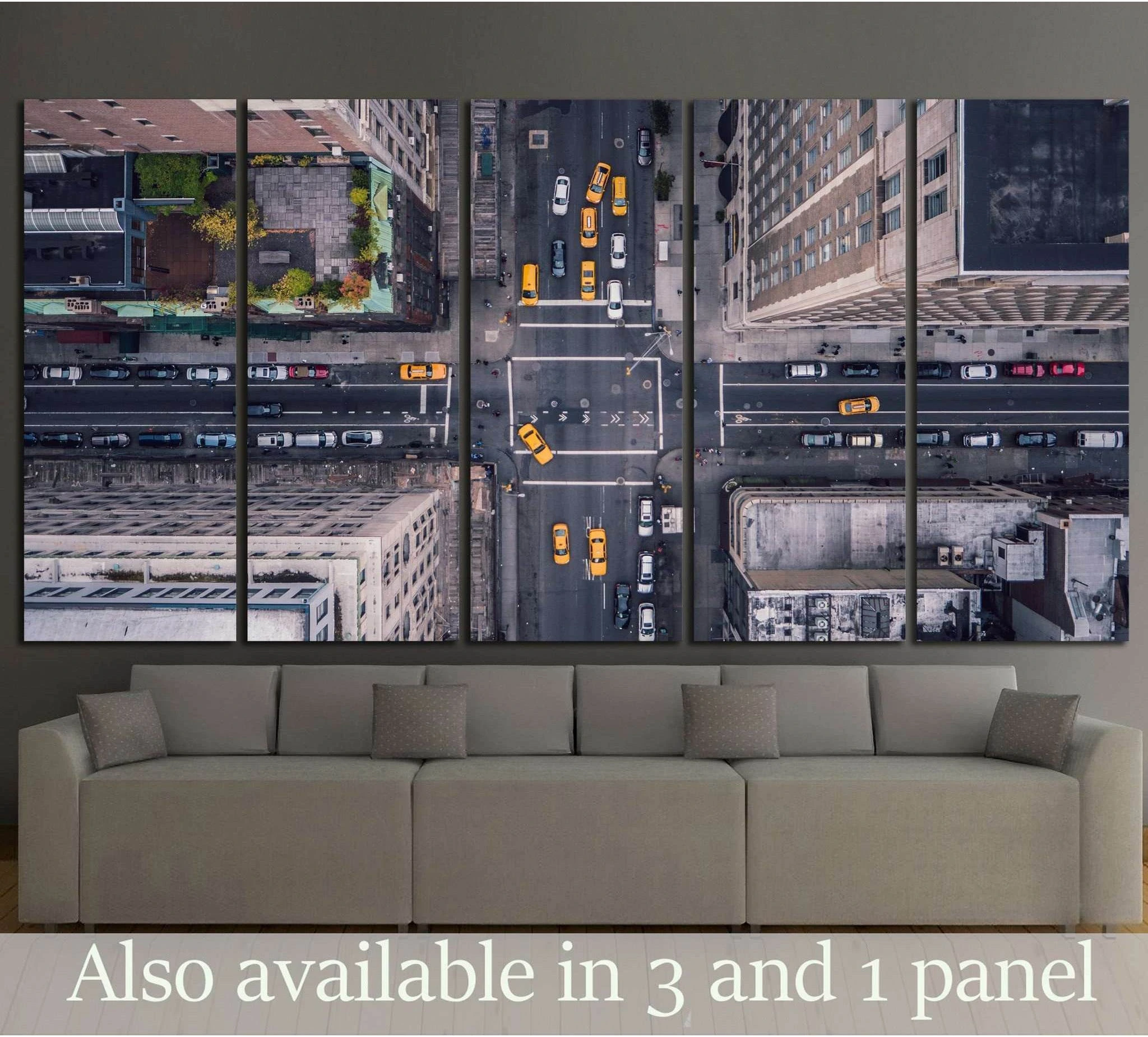 Top-down New York City 5th Avenue with yellow taxis triptych canvas print above a sofa