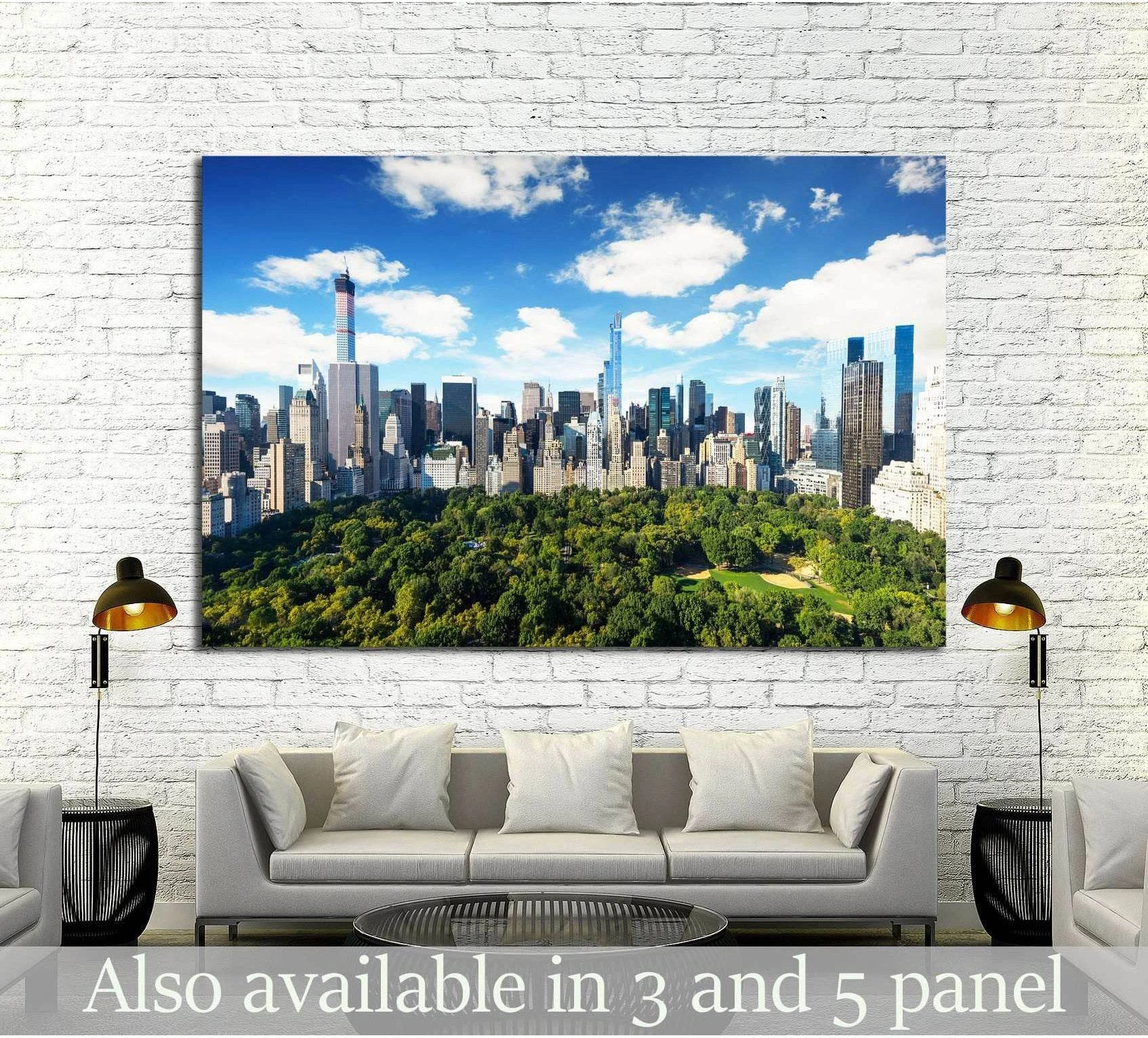 Central Park and Manhattan skyline canvas print hung above a sofa in a modern living room