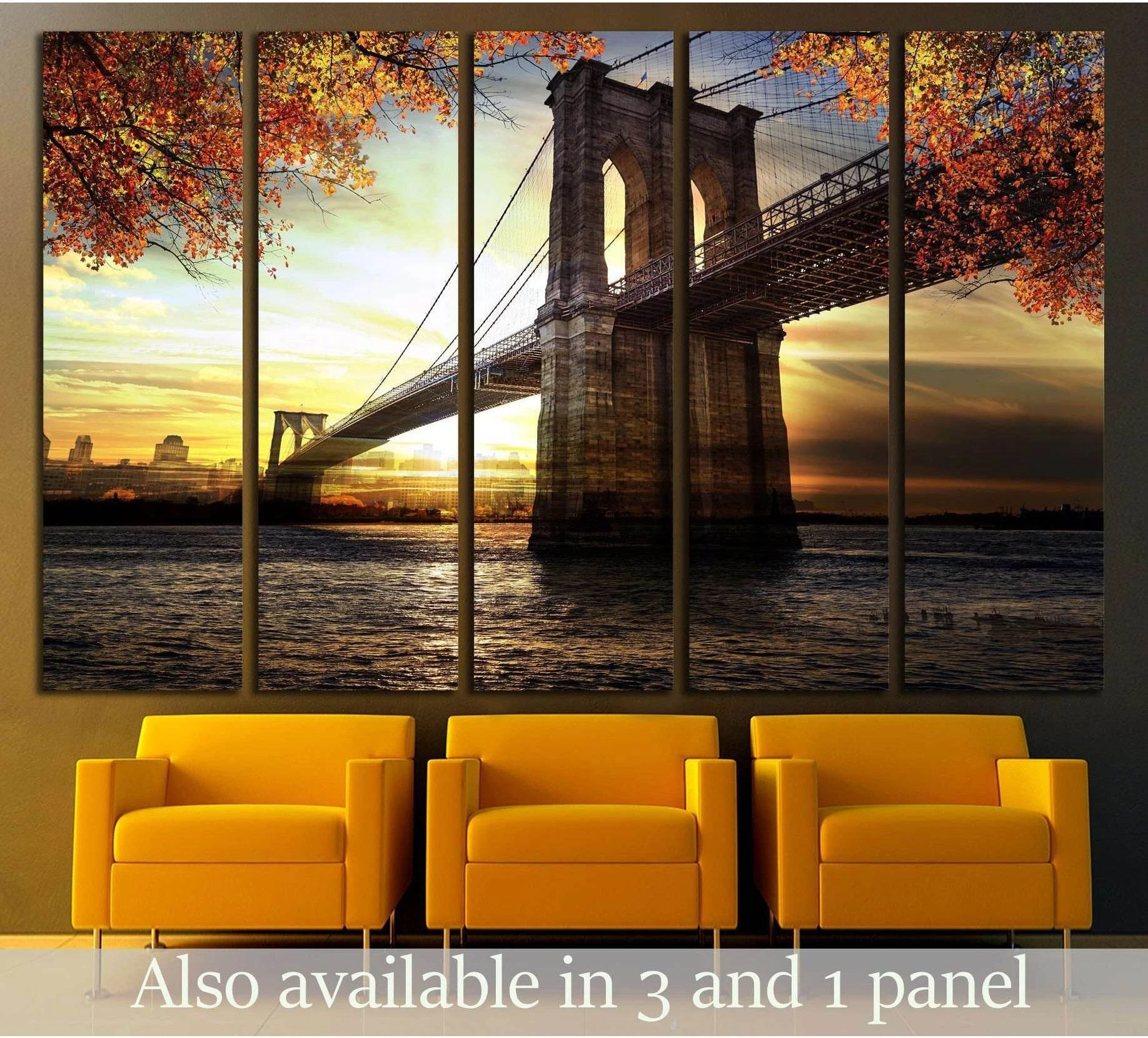 Brooklyn Bridge canvas print with Manhattan skyline at sunset, shown as 5-panel wall art above yellow chairs