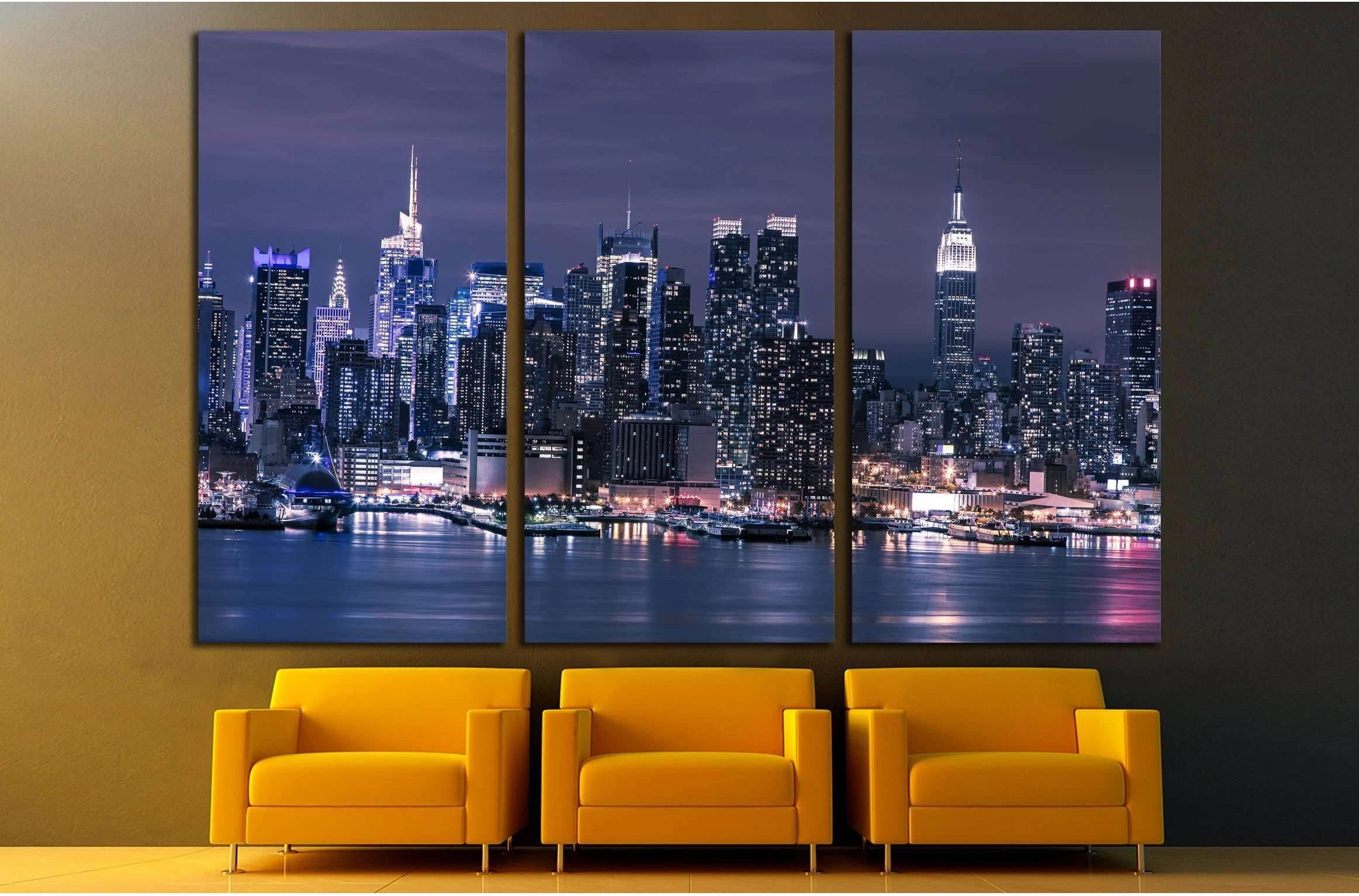 New York City Manhattan skyline panorama at night over Hudson River №2622 Ready to Hang Canvas Print - Zellart Canvas Prints 0_NY_ART, ALL_Products, s-2622