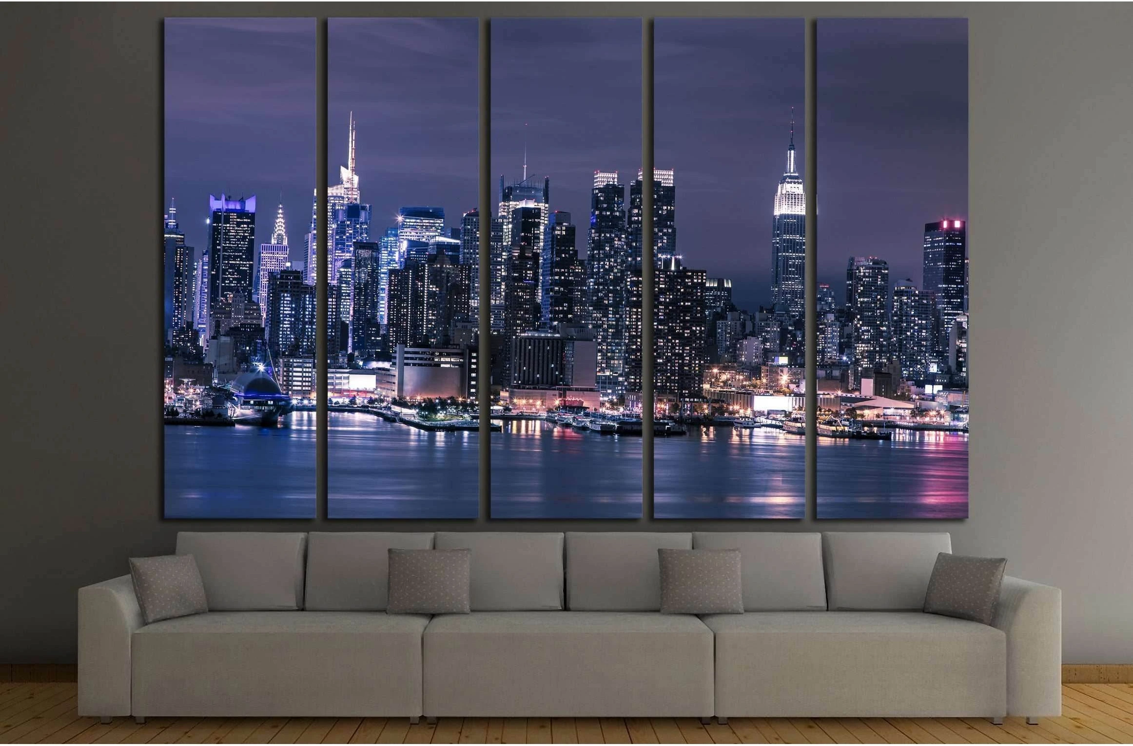 New York City Manhattan skyline panorama at night over Hudson River №2622 Ready to Hang Canvas Print - Zellart Canvas Prints 0_NY_ART, ALL_Products, s-2622