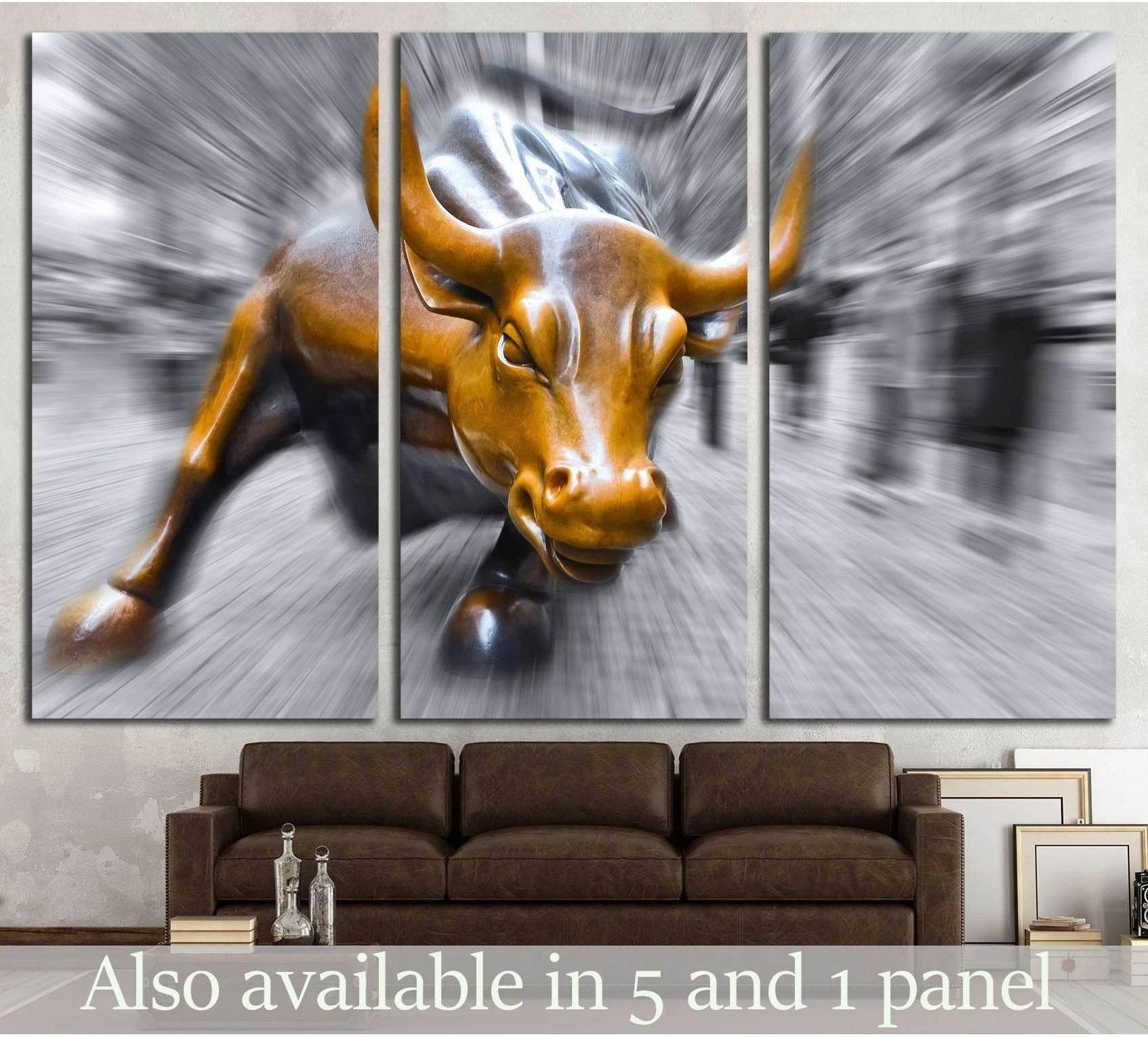 Charging Bull triptych canvas print above sofa with bronze bull on blurred New York street background