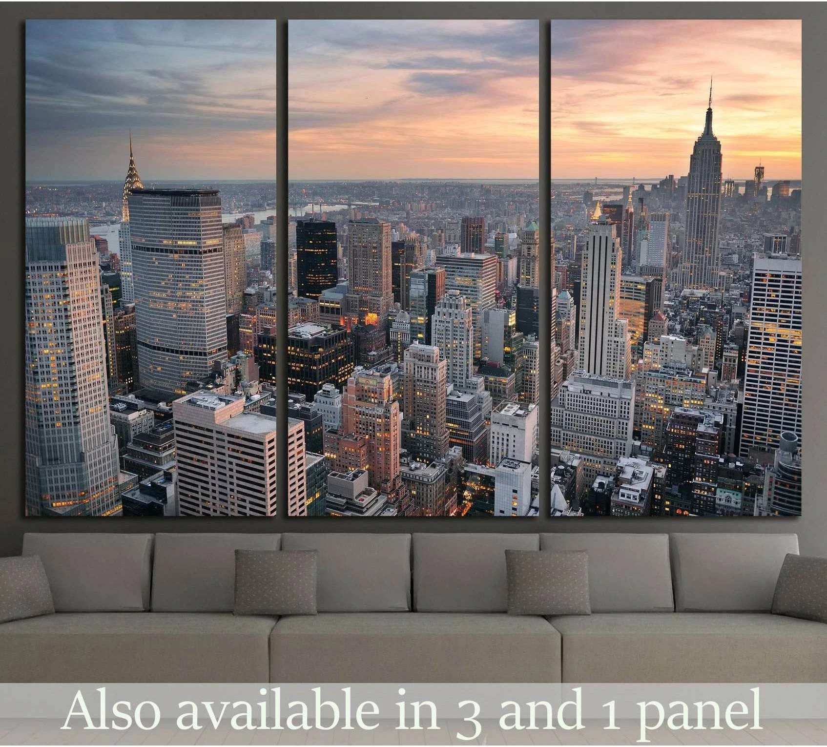 NYC skyline canvas print with aerial Manhattan sunset view and colorful clouds above a sofa