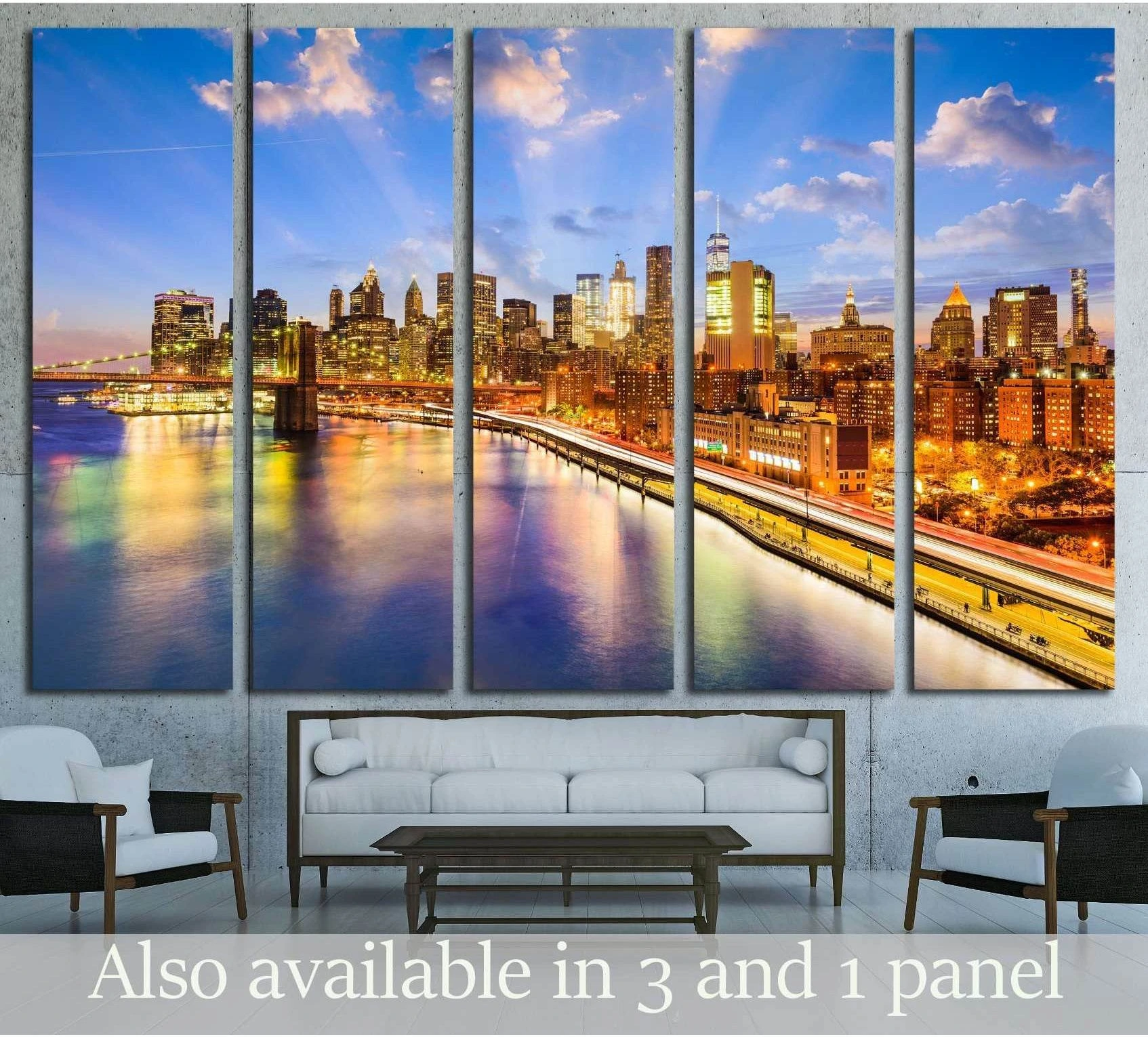 NYC skyline canvas print over the East River at dusk displayed above a sofa in a modern living room