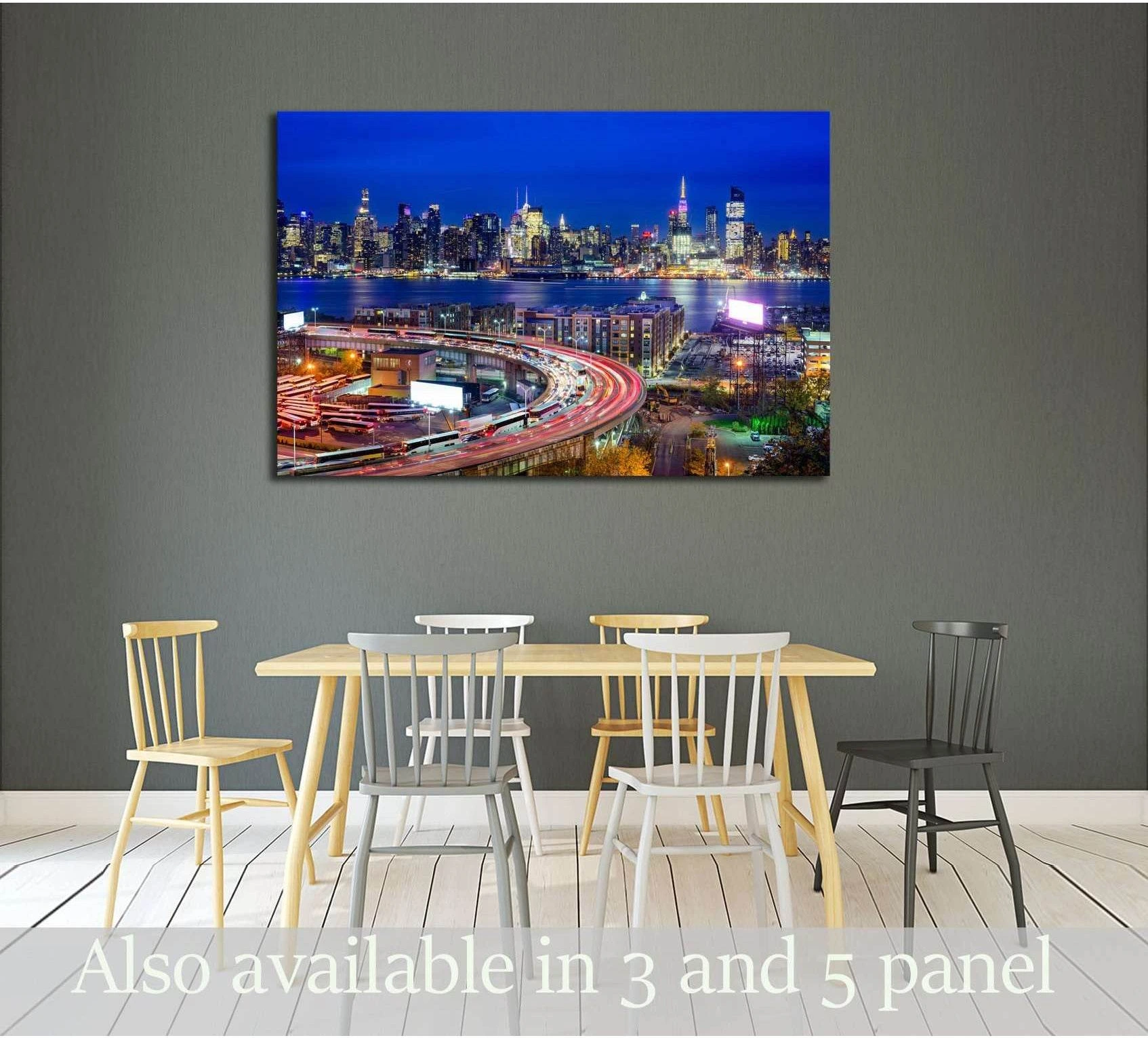 NYC skyline canvas print with Manhattan night lights and Helix Loop traffic trails above a dining table