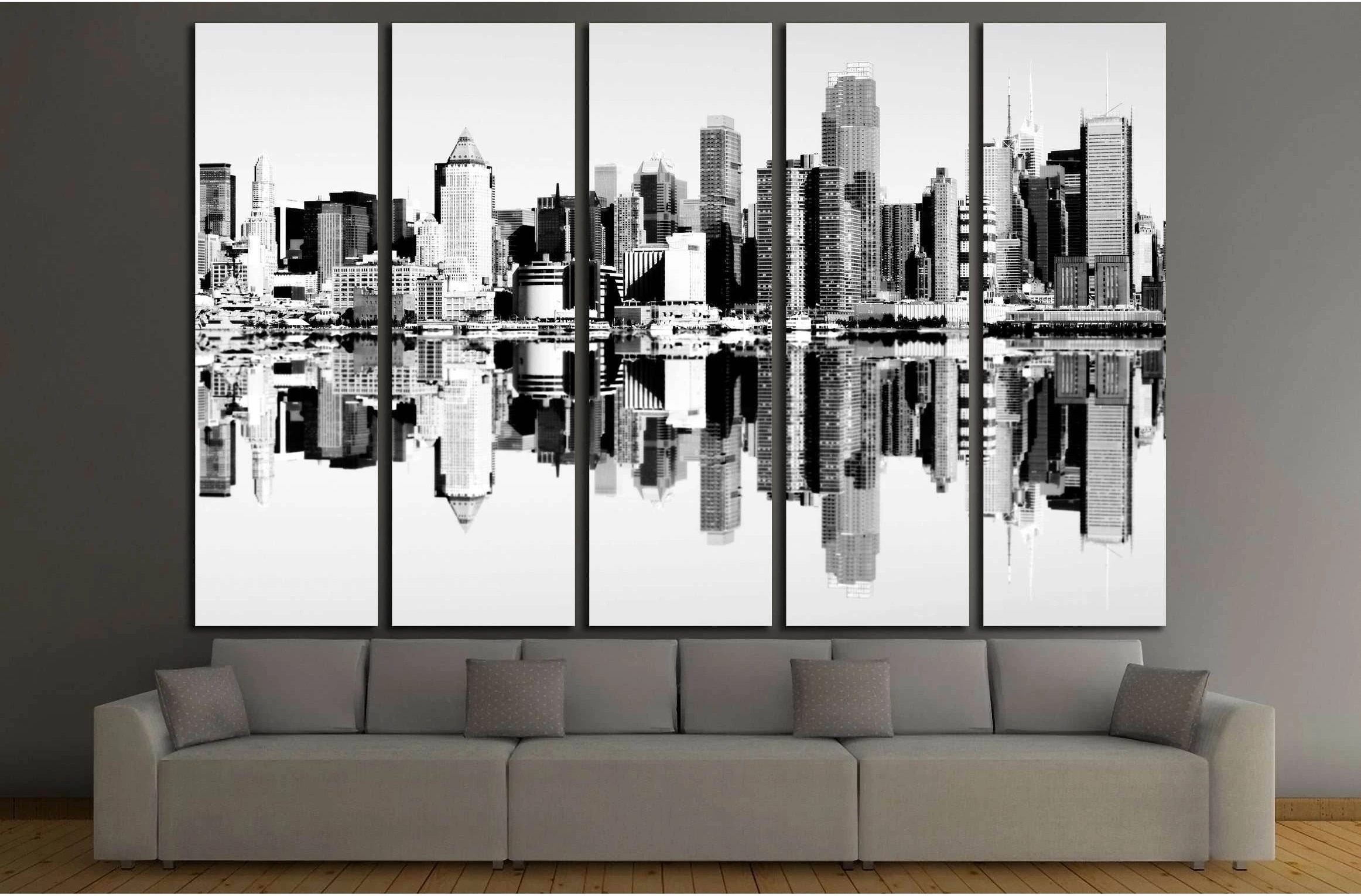 new york city skyline over the hudson river. black and white skyline mirror reflection №2586 Ready to Hang Canvas Print - Zellart Canvas Prints 0_NY_ART, ALL_Products, s-2586