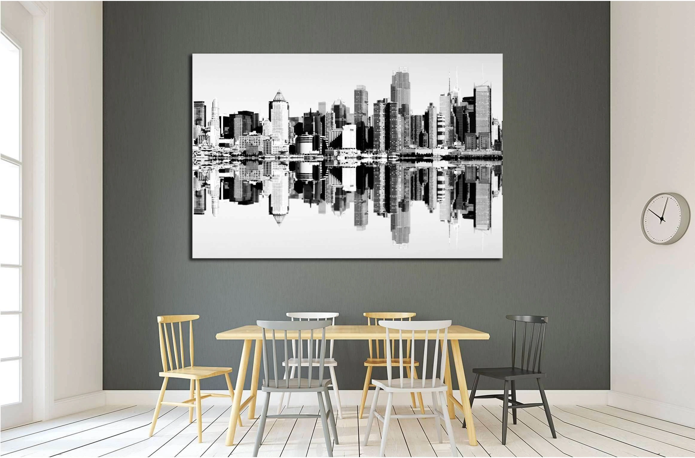 new york city skyline over the hudson river. black and white skyline mirror reflection №2586 Ready to Hang Canvas Print - Zellart Canvas Prints 0_NY_ART, ALL_Products, s-2586