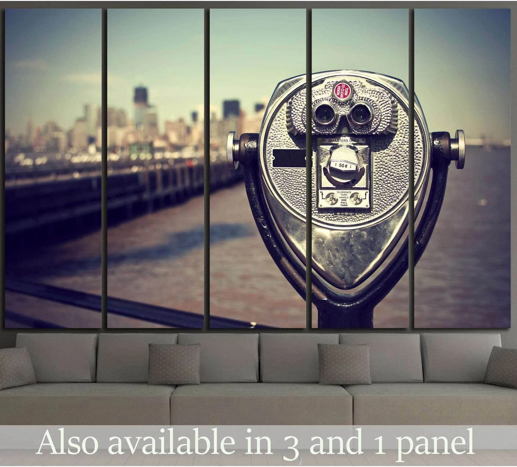 Retro NYC pier viewer canvas print with blurred skyline above a sofa in a modern living room