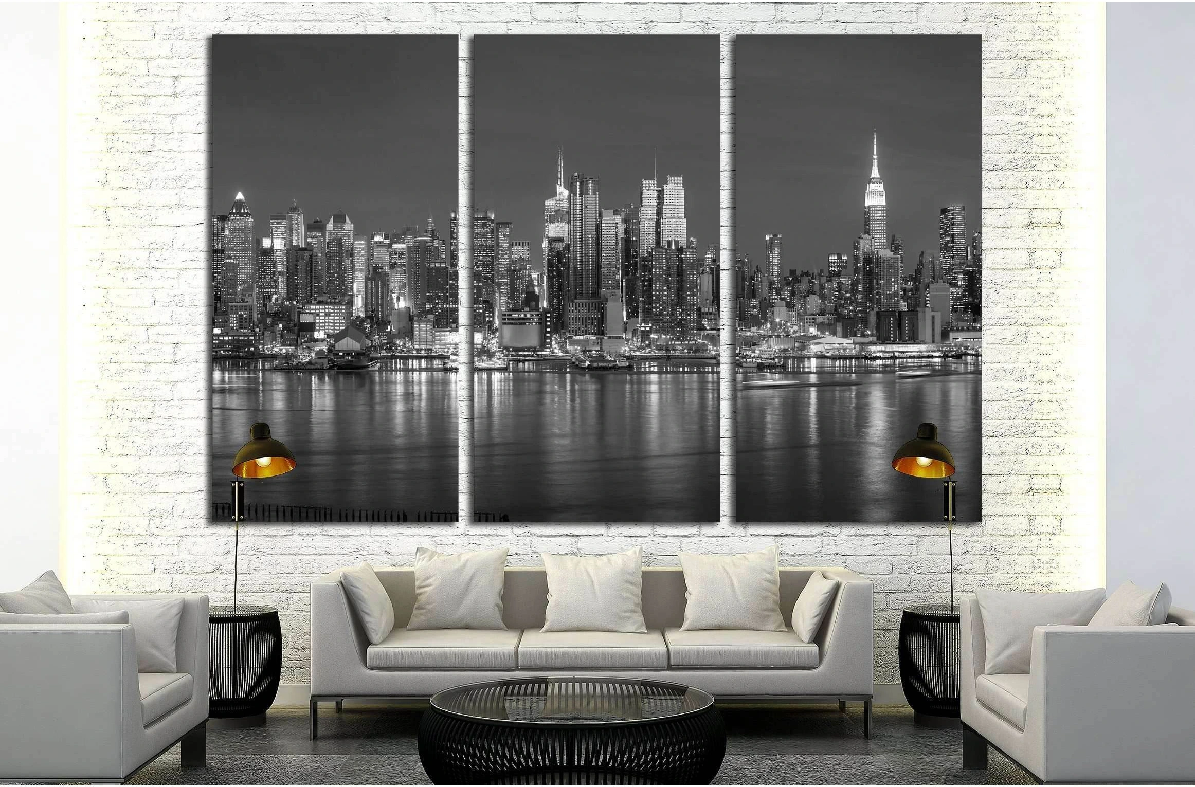 New York City with skyscrapers illuminated over Hudson River panorama in black and white №2660 Ready to Hang Canvas Print - Zellart Canvas Prints 0_NY_ART, ALL_Products, s-2660