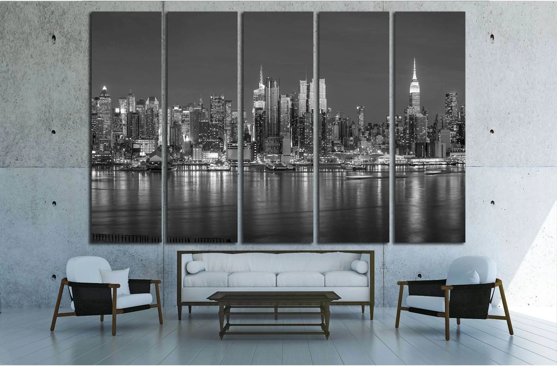 New York City with skyscrapers illuminated over Hudson River panorama in black and white №2660 Ready to Hang Canvas Print - Zellart Canvas Prints 0_NY_ART, ALL_Products, s-2660
