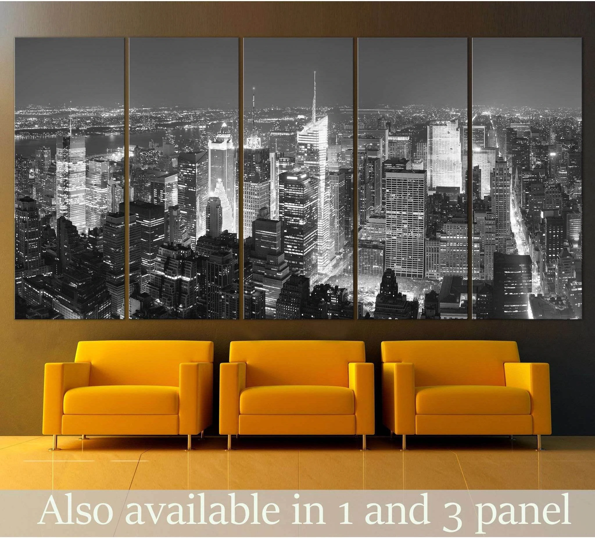 Black and white NYC skyline canvas print in 5 panels above yellow chairs in a modern lobby