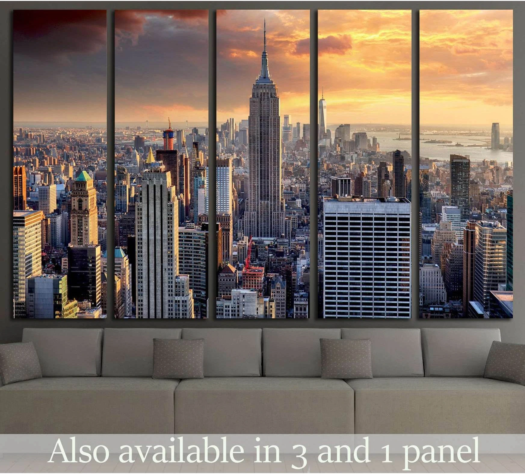 New York skyline canvas print with Empire State Building at sunset in a multi-panel living room display