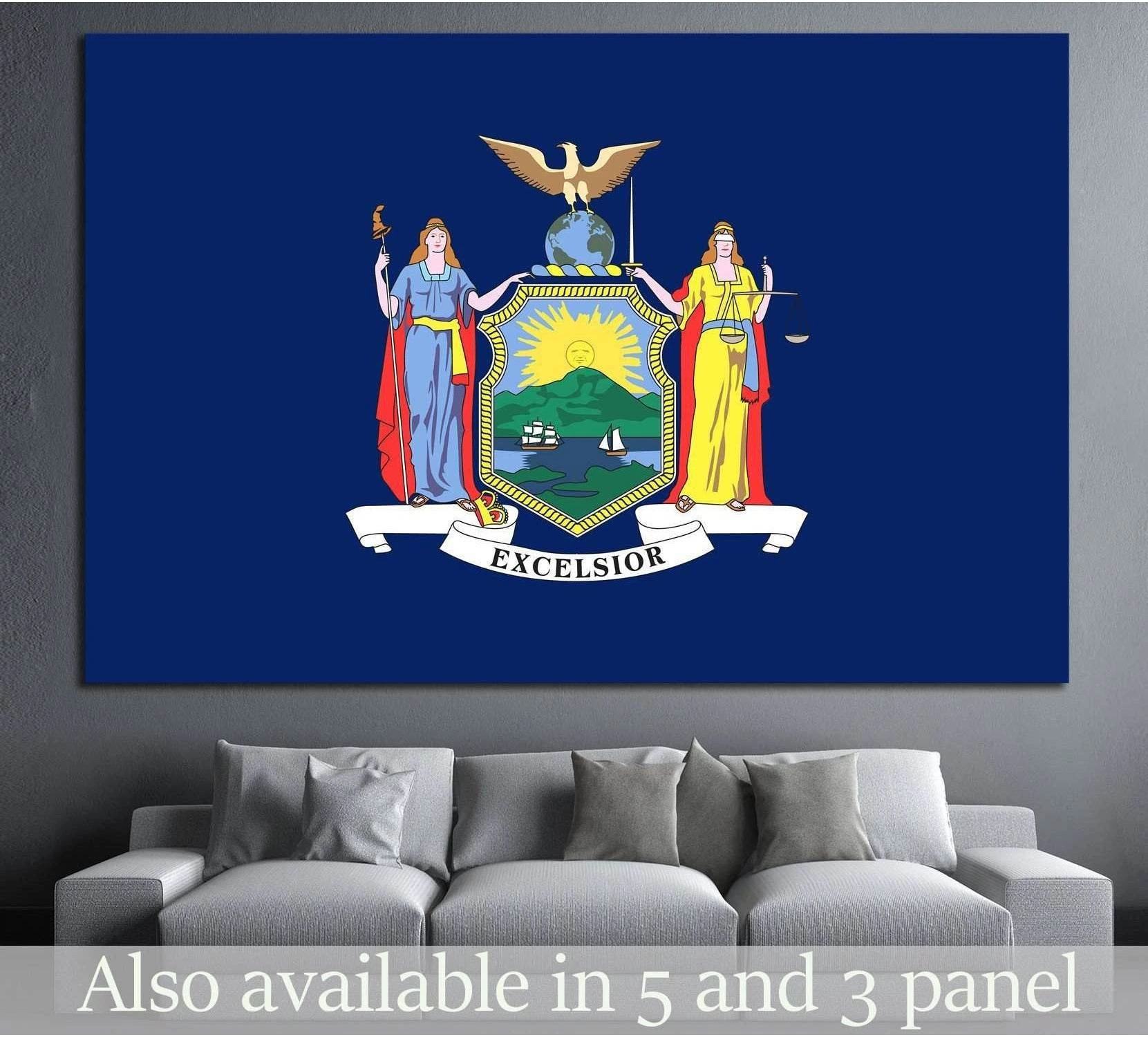 New York State flag canvas print with centered state seal, displayed above a gray sofa in a modern living room