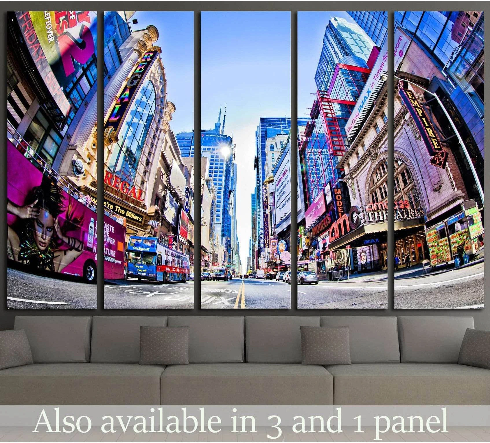 Times Square 42nd Street canvas print above sofa with neon NYC street scene in five panels