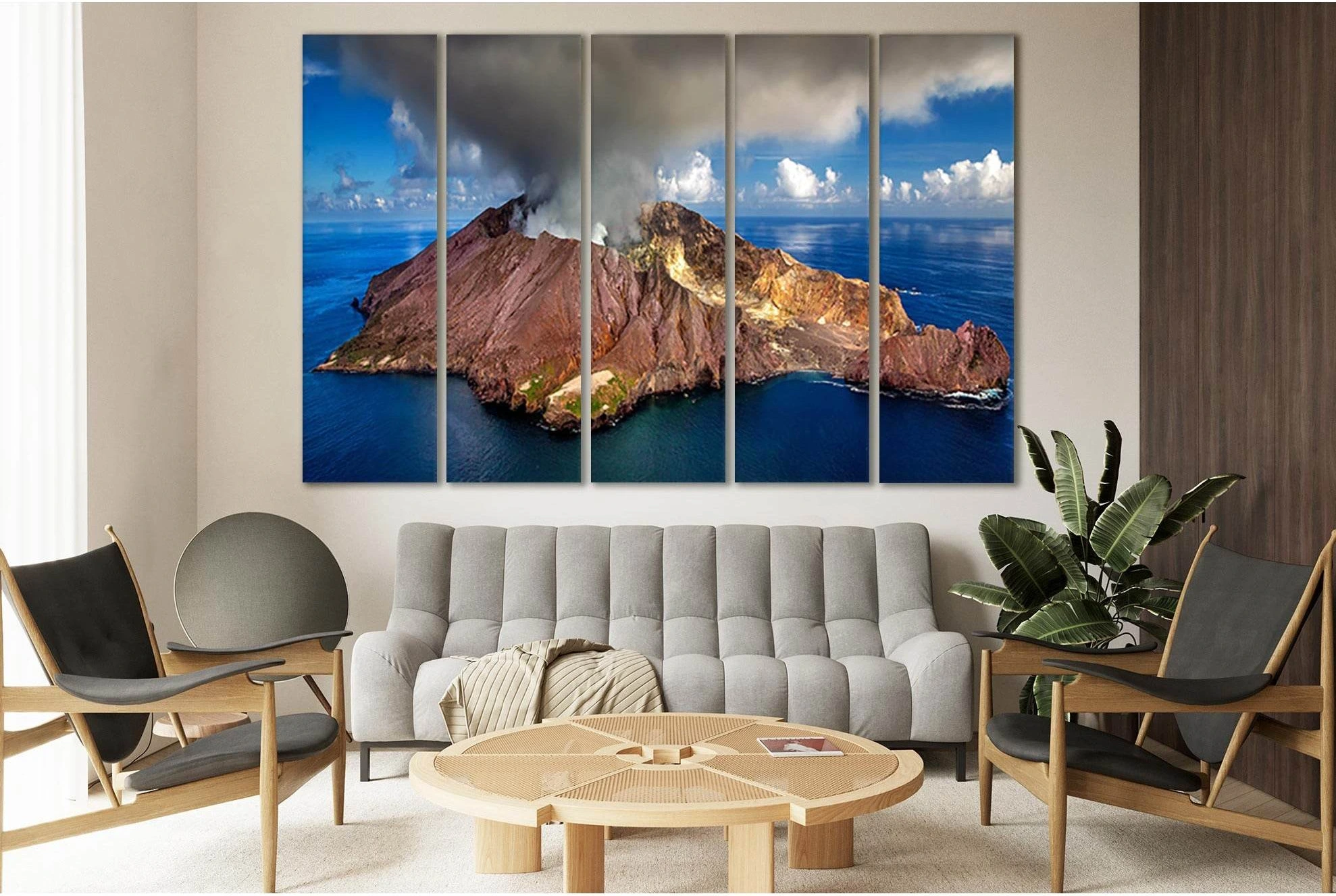 Dramatic Coastal Volcano Canvas Print with Smoke & Ocean Blue showing blue ocean wall art with water and coastal depth.