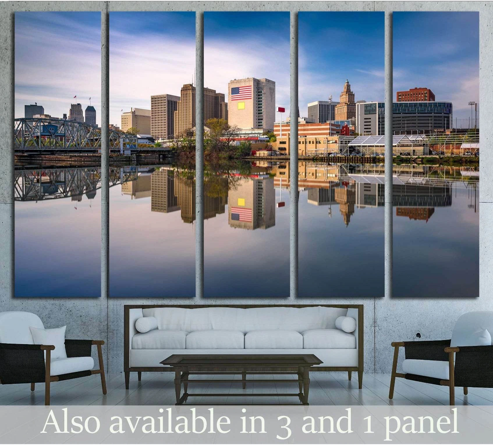 Newark skyline canvas print with Passaic River reflections hung above a sofa in a modern living room