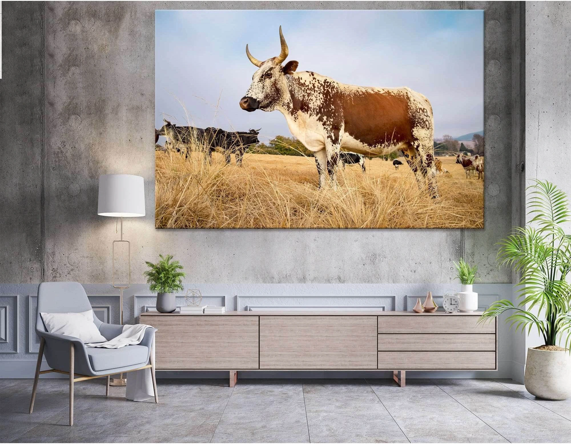Nguni cow standing in field №04132 Ready to Hang Canvas Print - Zellart Canvas Prints ALL_Products, Cow