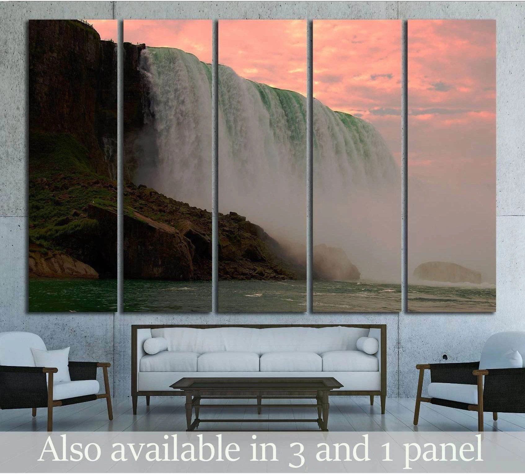 Niagara Falls multi-panel canvas print with pink sunset sky above sofa in a modern living room