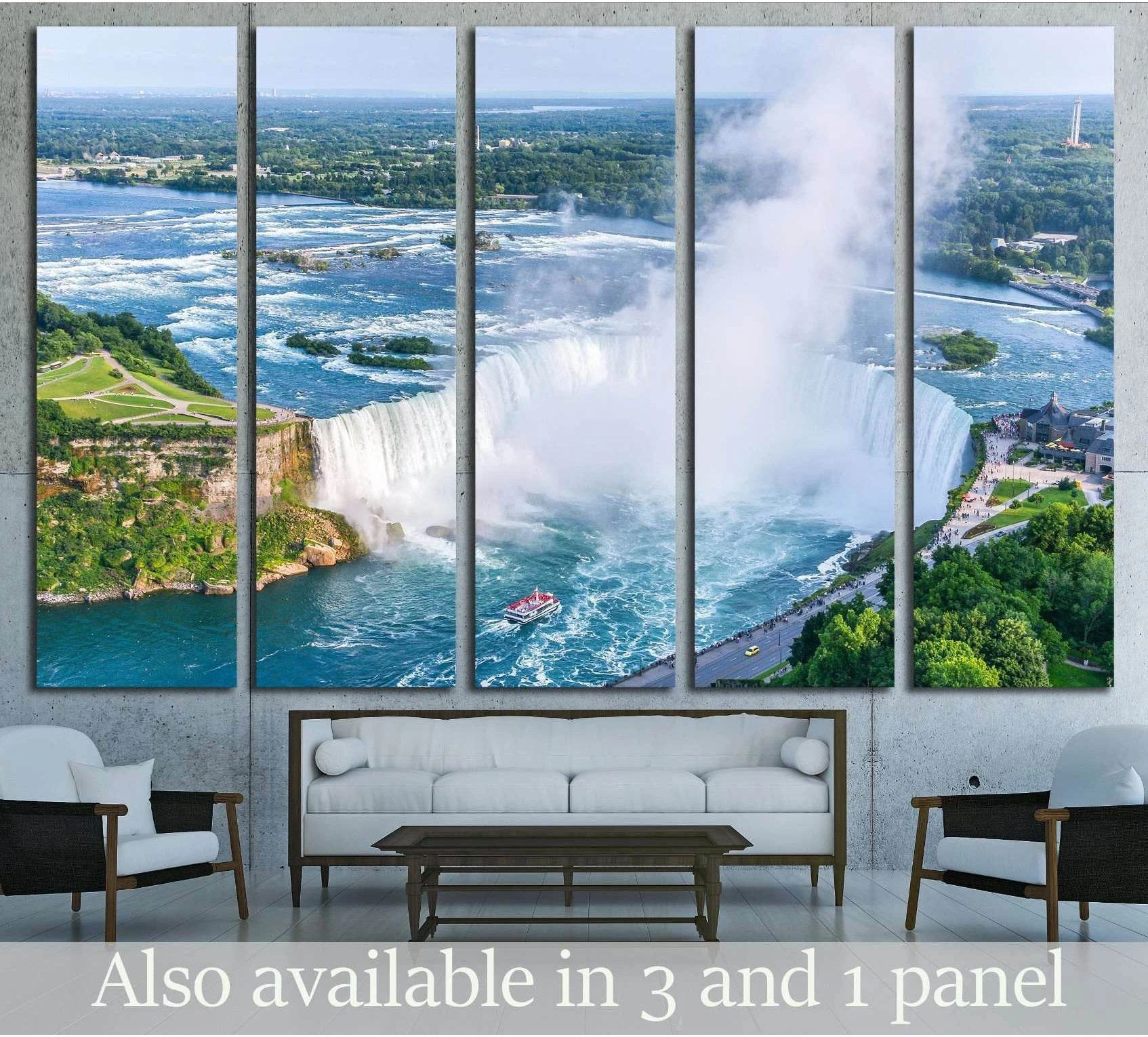 Aerial Niagara Falls canvas print with Horseshoe Falls mist, riverboat, and green shoreline